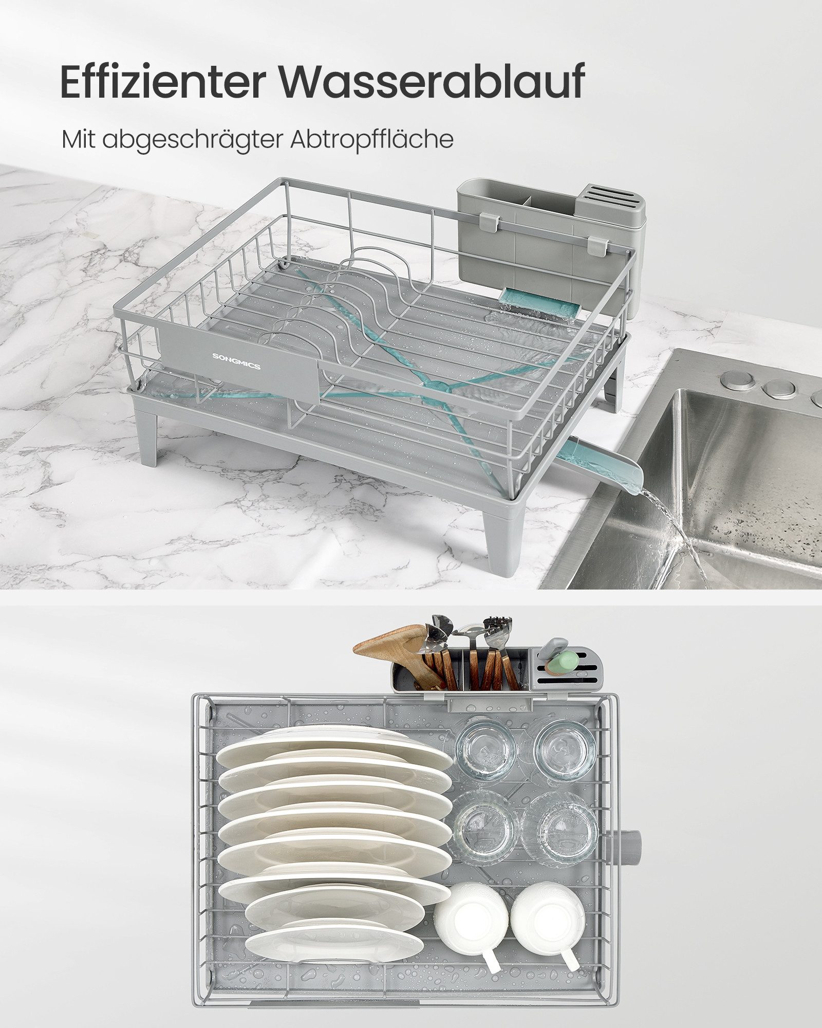 SONGMICS Geschirrständer Abtropfgestell Geschirr Abtropfständer, 31 x 42 x 18,5 cm, Küche, 360° drehbarer und ausziehbarer Ablauf – Bild 5 von 5
