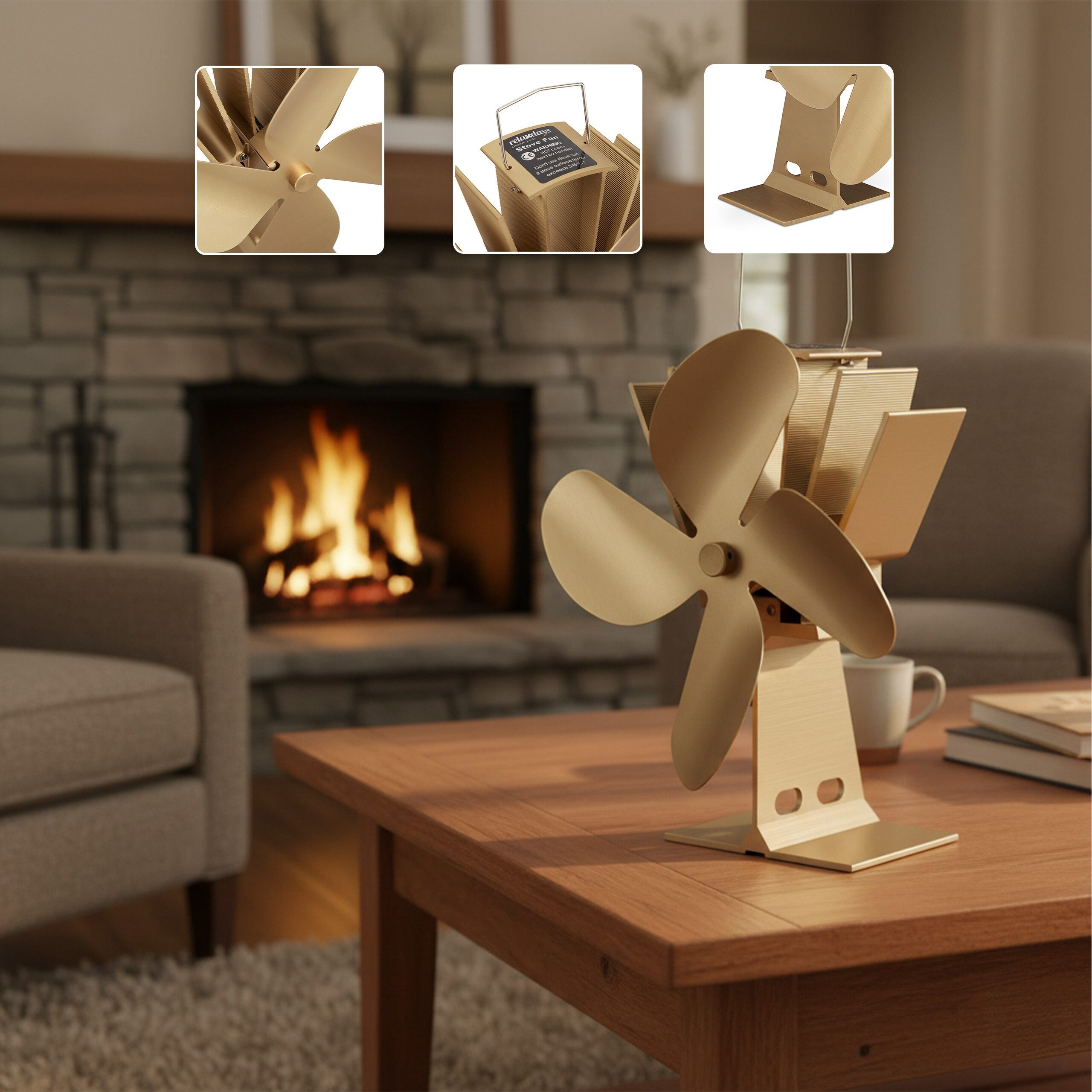 relaxdays Kaminventilator Ofenventilator ohne Strom, Bronze