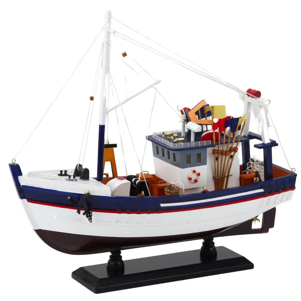 LEAN TOYS Modellboot Fischkutter Dekoschiff Sammlermodell, (Spar-Set, 1-tlg., 37 x 34 cm handgefertigt), handgefertigt, detailreich, Sockel, maritime Deko