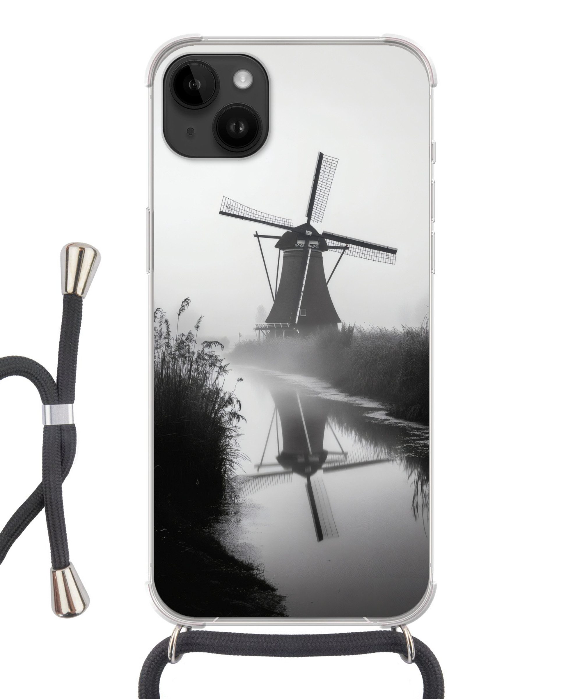 MuchoWow Handyhülle für Apple iPhone 14 Max Mühle - Spiegelung - Landschaft - Wasser, Tragbare Handyhüllen mit Kette zum umhängen, Handykette Handyband