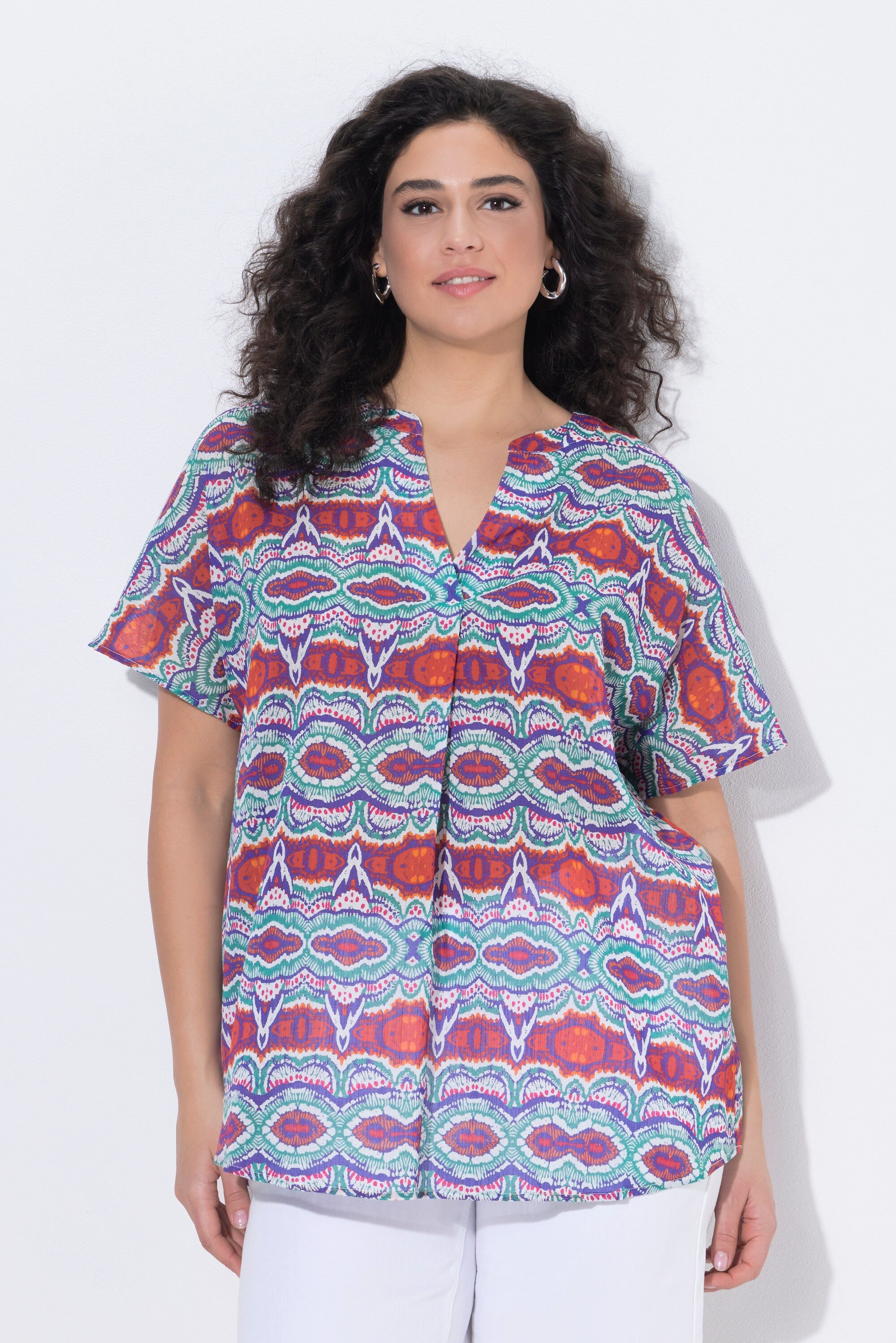 Ulla Popken Tunika Bluse gemustert Zierfalte Stehkragen Halbarm