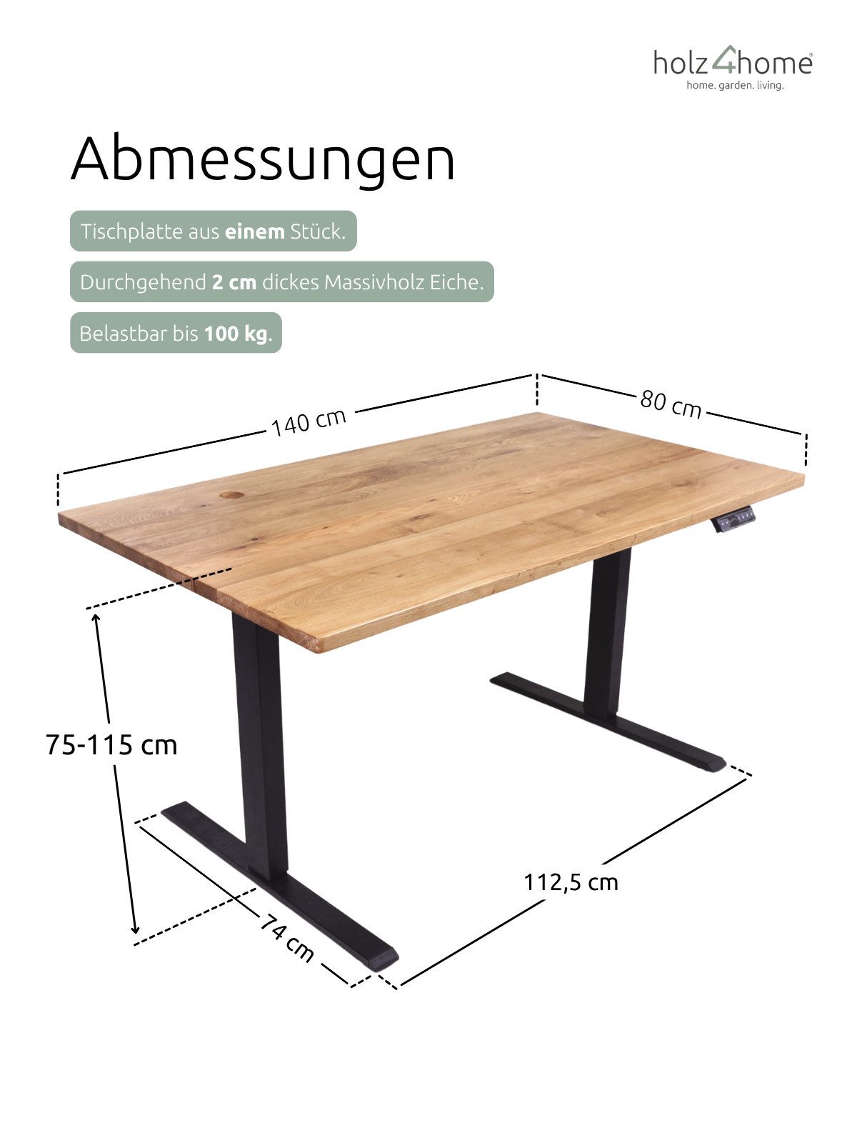 holz4home® Schreibtisch Elektrisch höhenverstellbarer Tisch mit Massivholzplatte Eiche, Sitz-/Steh-Erinnerung, 25 mm Schreibtischplatte