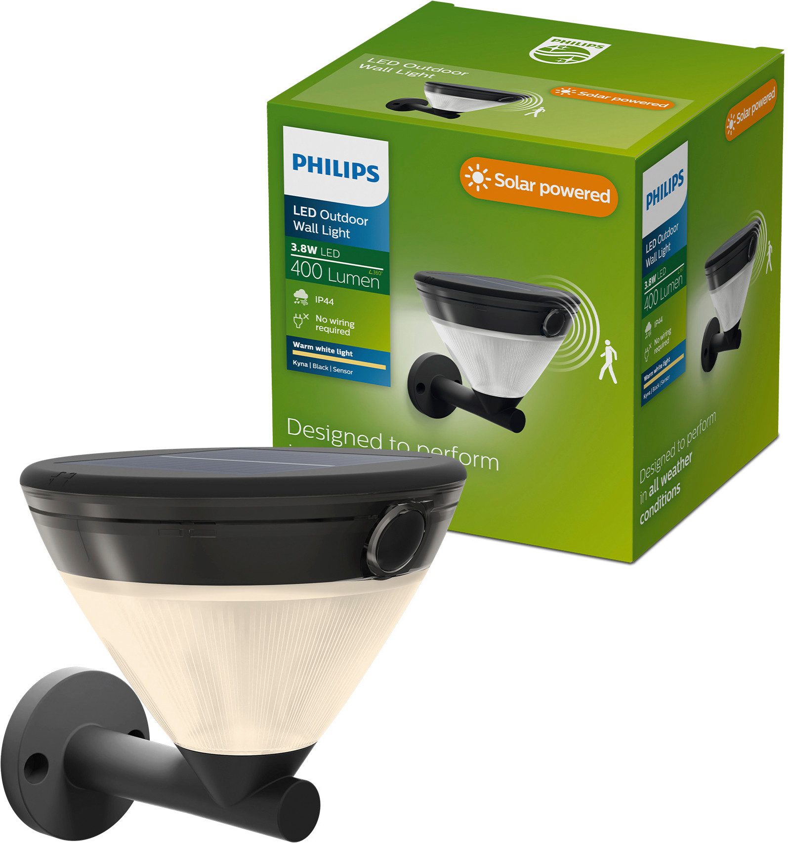 Philips LED Außen-Wandleuchte Outdoor Solar Kyna, Abschaltautomatik, Bewegungsmelder, Tageslichtsensor, LED fest integriert, Warmweiß, Tageslicht- und Bewegungssensor, 2700 Kelvin, 400 Lumen, schwarz