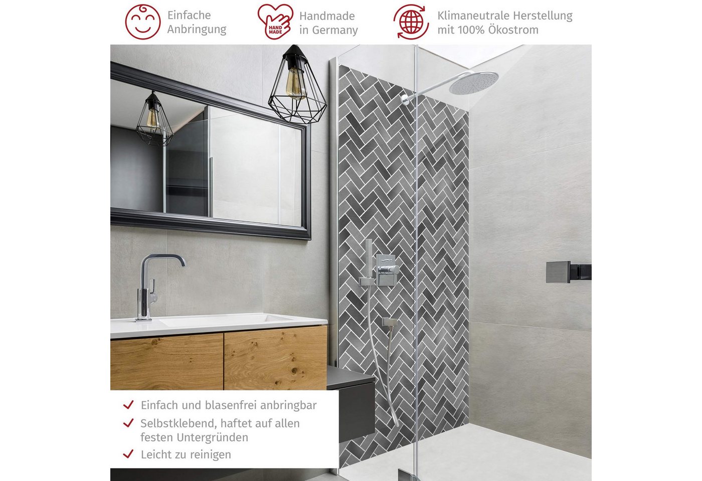 Thumbnail - Bilderdepot24 Badrückwand Fliesenoptik grau Duschrückwand ohne Bohren Dusche, (1-tlg., Hart-Folie Smart matt 0,35 mm), f...