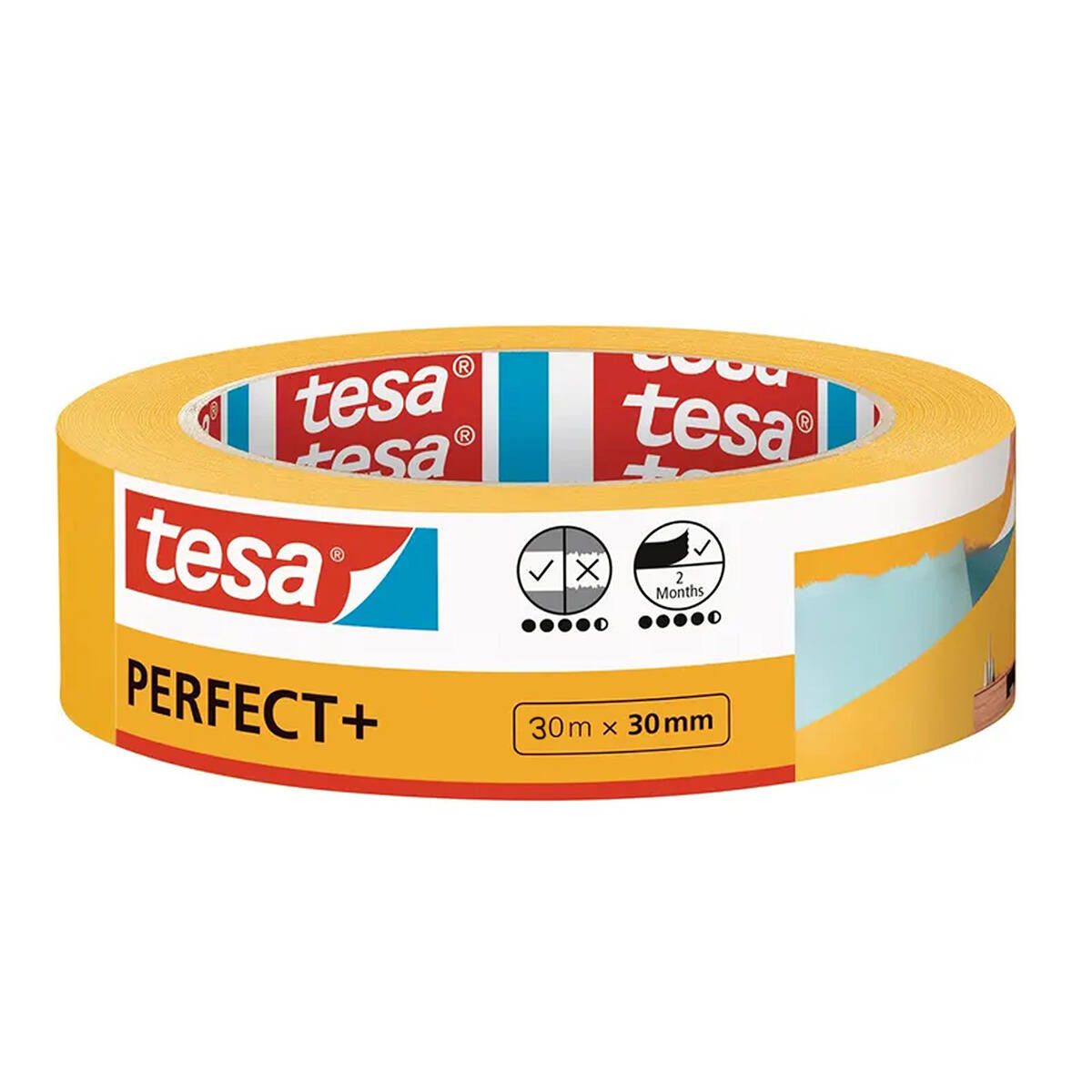 tesa Kreppband Perfect+ 56537 (Packung, 50 m Kreppband 30 mm auf Rolle) rückstandsfrei ablösbar,Tesa