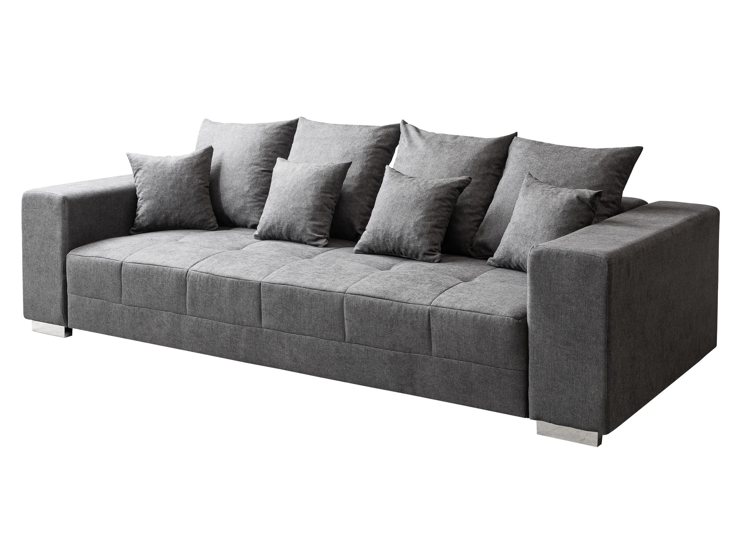 Massivart® Big-Sofa Stoff grau 254 cm / Nosagfederung / 4-Sitzer / BORNEO, Rücken echt / inklusive Kissen Set