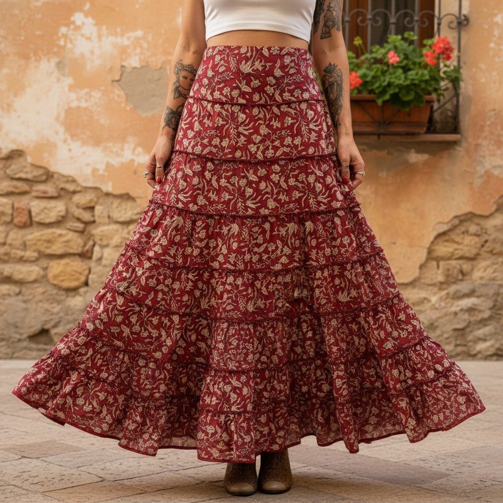 Guru-Shop Minirock Langer Boho Stufenrock, Maxirock Hippie chic,.. alternative Bekleidung