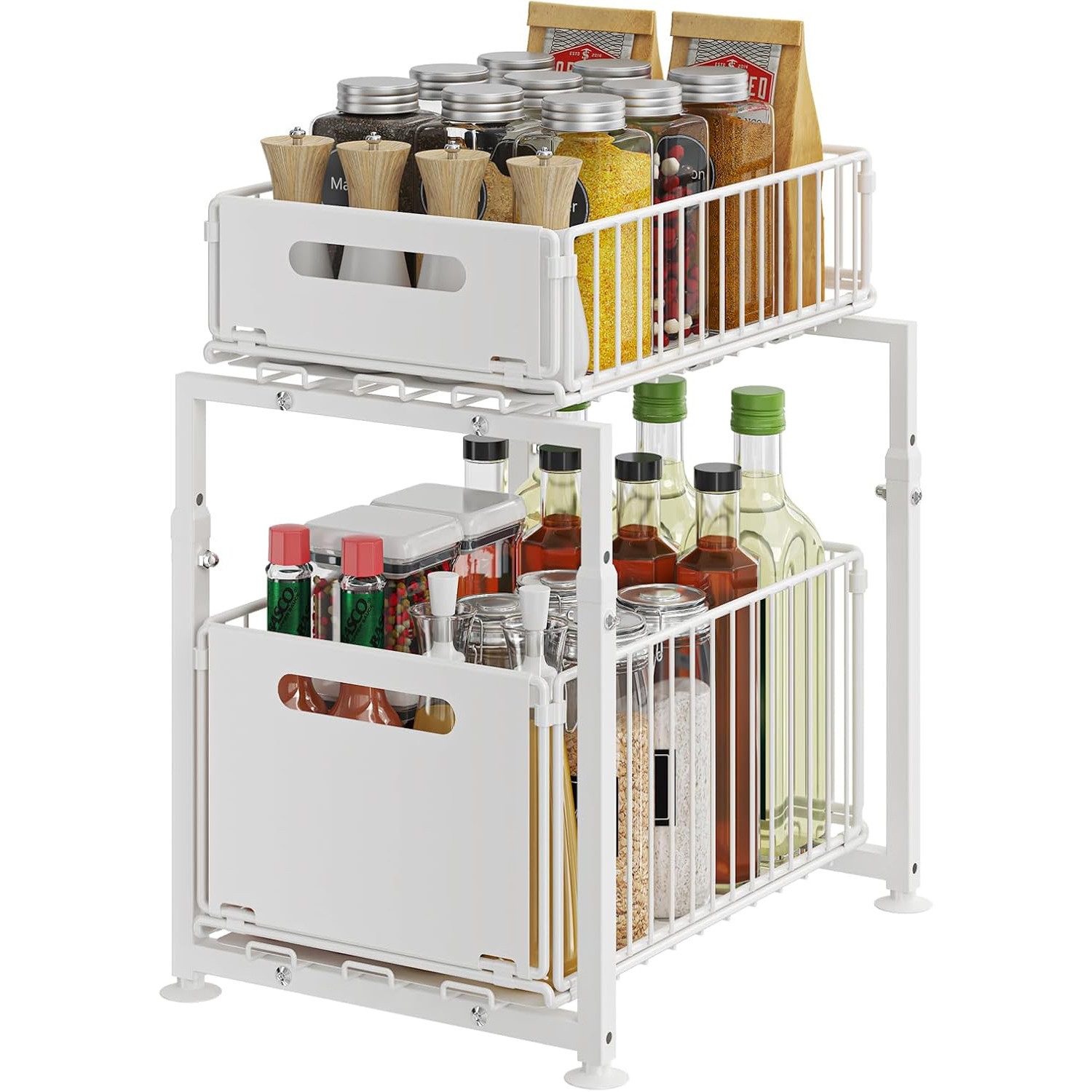 PFCTART Küchenorganizer-Set Metall Organizer für Küchenschrank – 2 Ebenen, Unterspüle, (Set, 1-tlg., Für Küche/Bad, Schwarz – Ohne Bohren montierbar), Höhenverstellbar & stabil – Für Vorräte und Utensilien