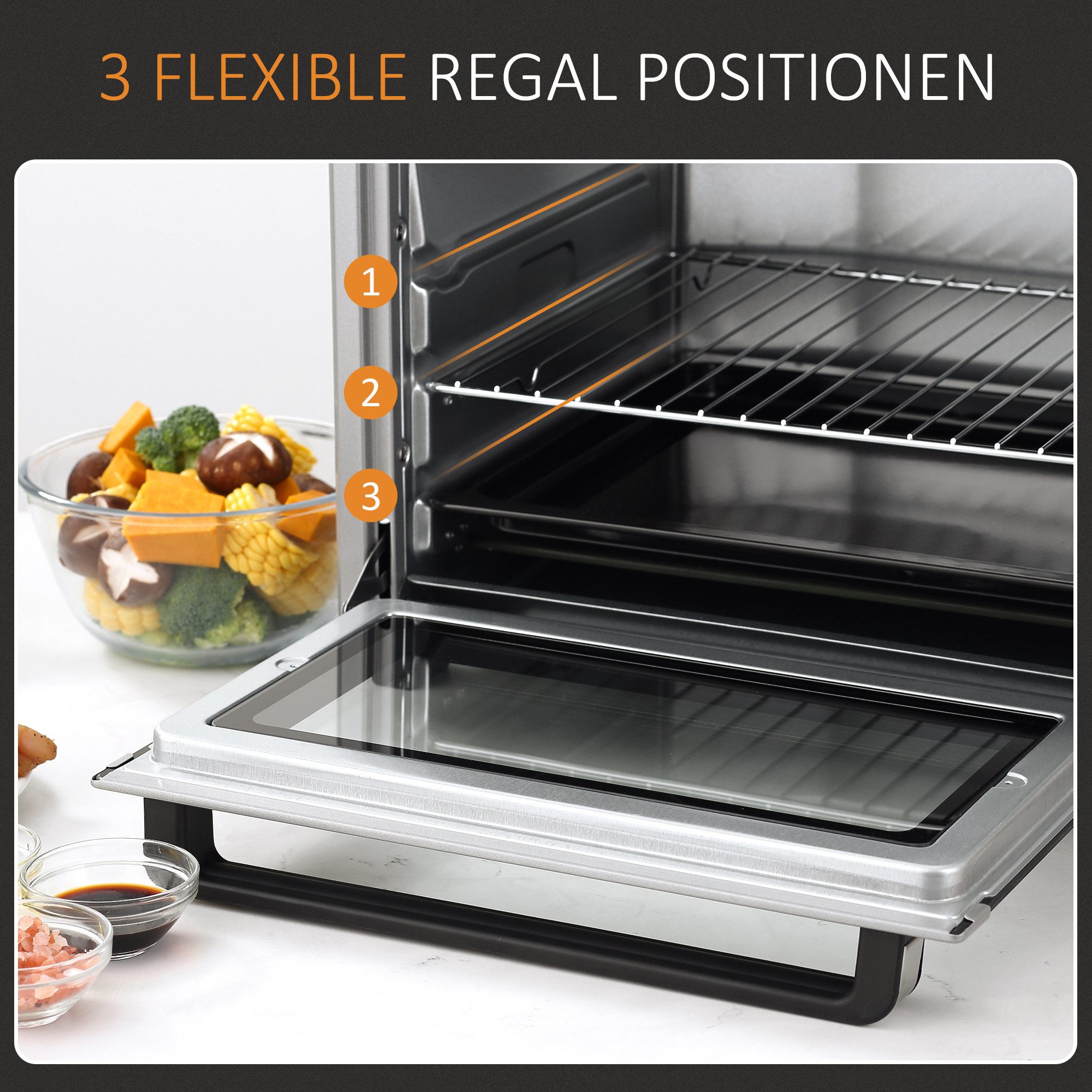 HOMCOM Minibackofen 32L 100 °C-230 °C 1600 W Mini Ofen mit Backblech Krümelblech, Silber 52,2 x 38,1 x 33,5 cm – Bild 5 von 5