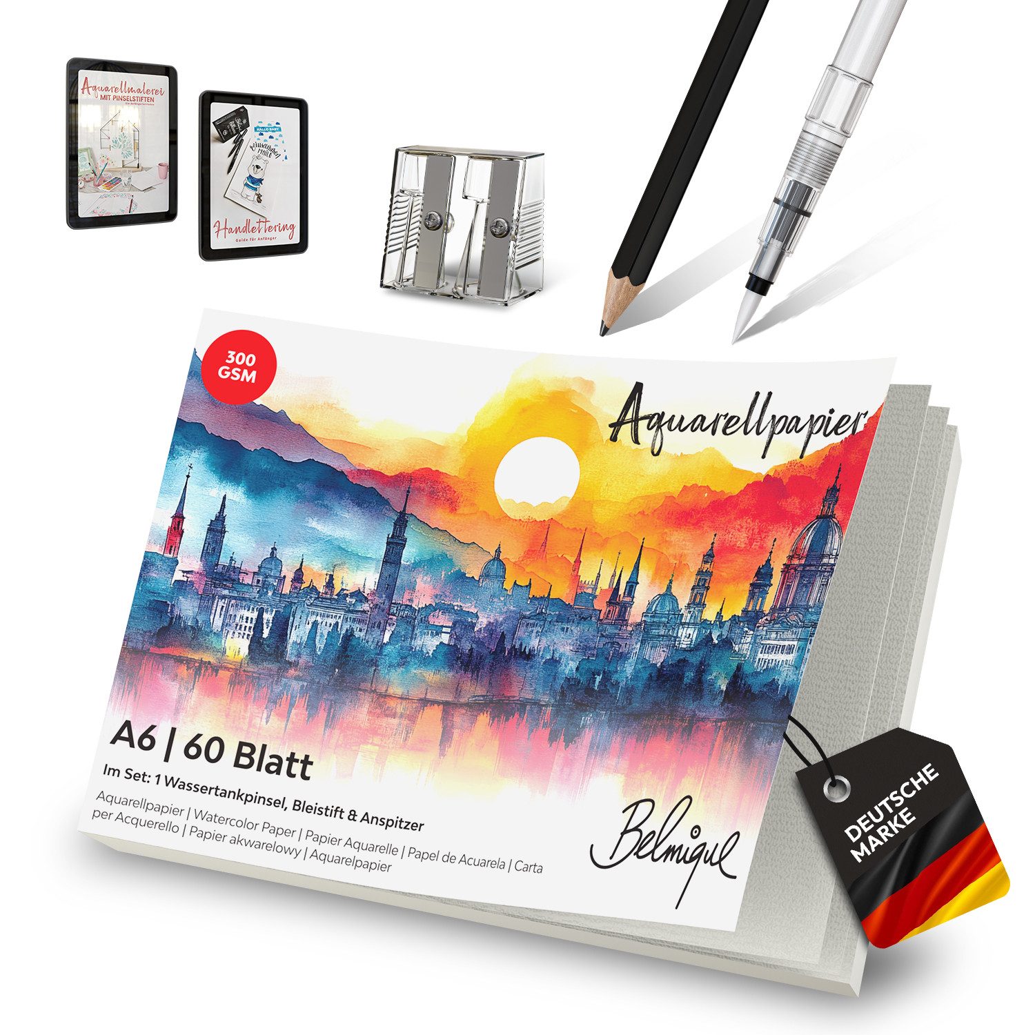 Belmique Aquarellpapier Aquarell Block mit rauer & glatter Oberfläche 300 g/m², inkl. Zubehör und Videokurs