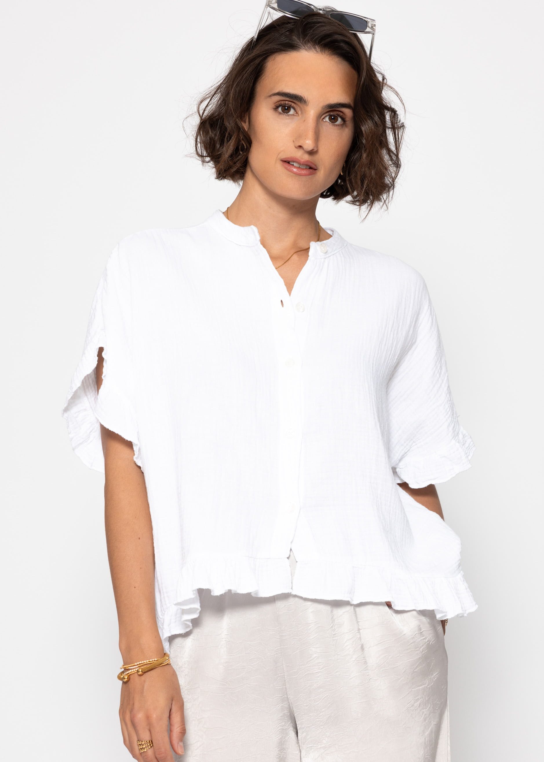 Kurzarmbluse Oversize Musselin Hemdbluse Damen mit Rüschensaum