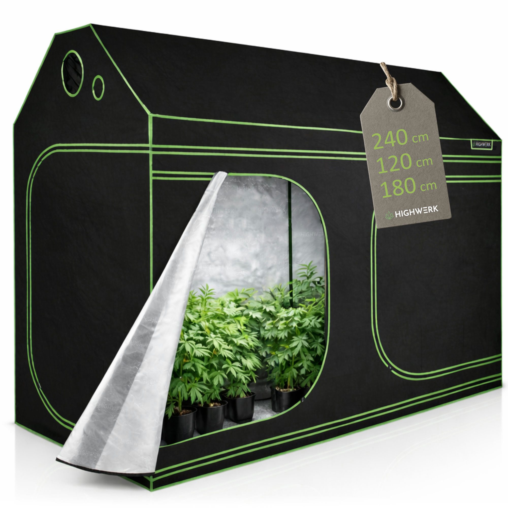 HIGHWERK Gewächshaus Grow Tent 240 x 120 x 180 cm schwarz/grün Pflanzenzucht Indoor