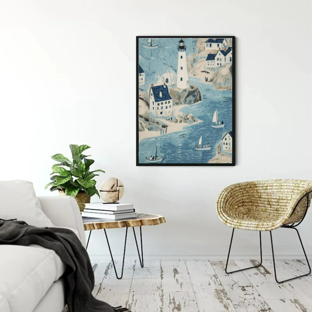 TPFLiving Kunstdruck (OHNE RAHMEN) Poster - Leinwand - Wandbild, Sommerdorf-Musterillustrationsserie Vögel Strand Leinwand (Leinwandbild XXL), Farben: Blau, Weiß, Grün, Schwarz, Gelb, Grau -Größe: 20x30cm