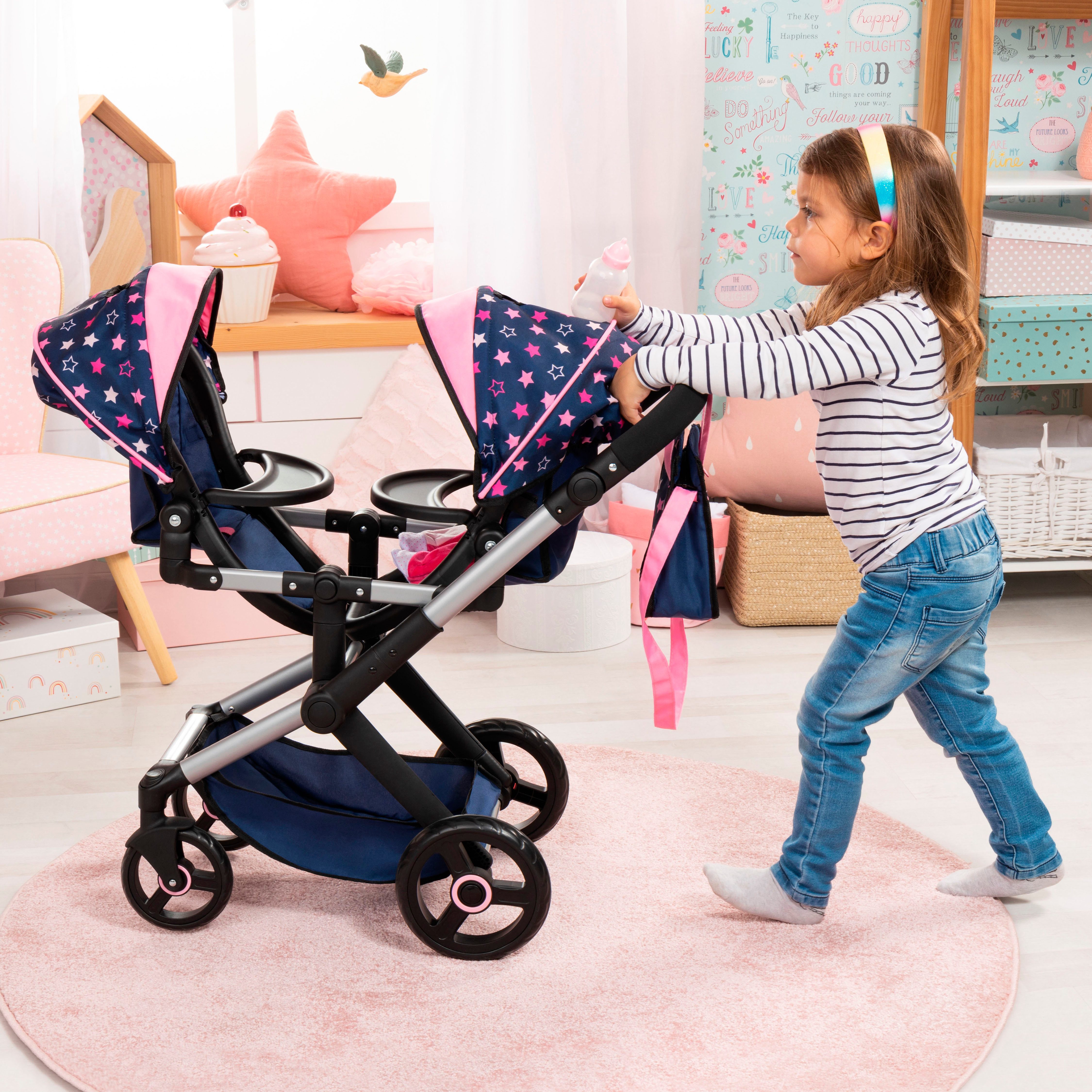 Bayer Puppen-Zwillingsbuggy Xeo Twin blau/pink, mit Wickeltasche