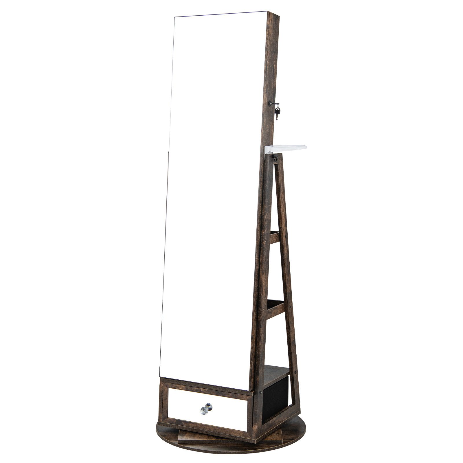 COSTWAY Schmuckschrank mit Spiegel, LED & 3 Ablagen, drehbar & abschließbar