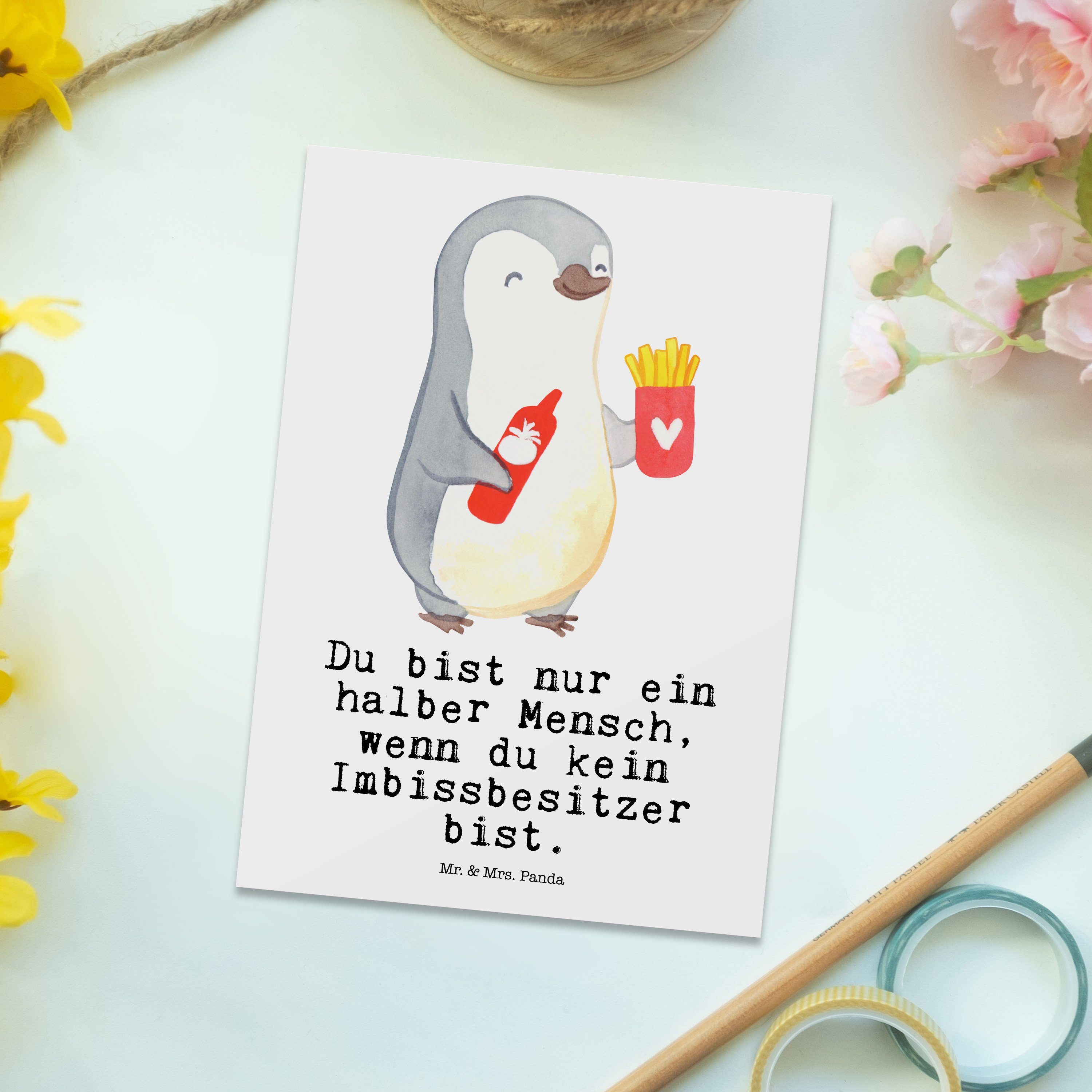 & - Weiß Mr. Postkarte Mrs. mit Pommesverkäufer, Schenken Geschenk, Imbissbesitzer - Herz Panda