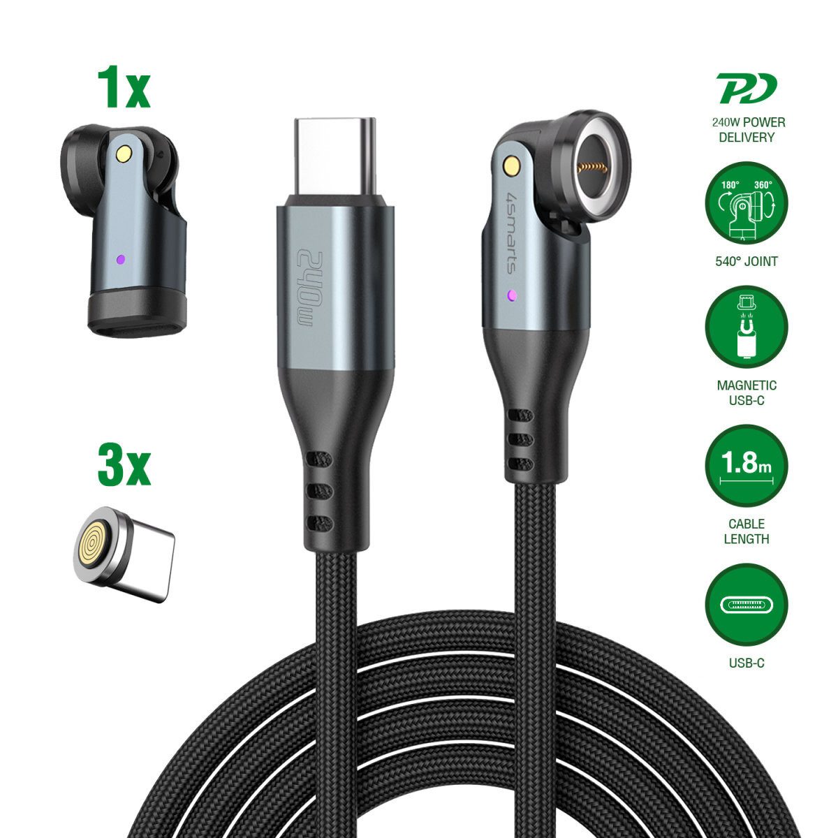 4smarts 4smarts USB-C 540° Magnetkabel-Set GravityCord 240 Induktions-Ladegerät