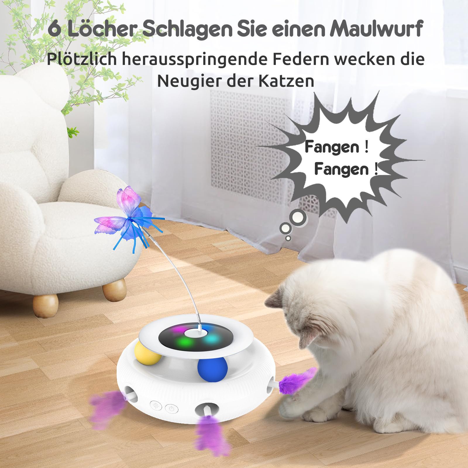 FOSMET Tier-Intelligenzspielzeug Katzenspielzeug, 3-in-1-Elektrisch Interaktives Spielzeug für Katzen, lebensmittelechtem ABS, Set (7-tlg) Whack-A-Mole,Fluttering Butterfly,Kugelbahn-Spiel(inklusive Ball)