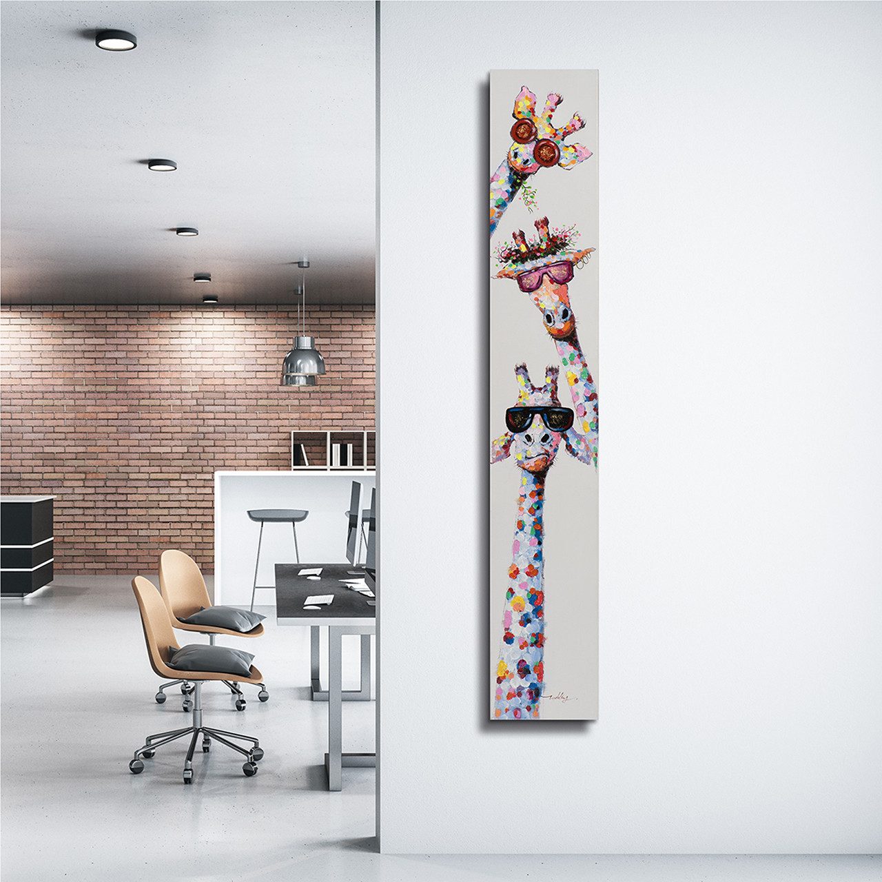 ArtUniverse Gemälde Lustige Giraffen 25x150 cm, Lustig buntes Giraffen-Trio