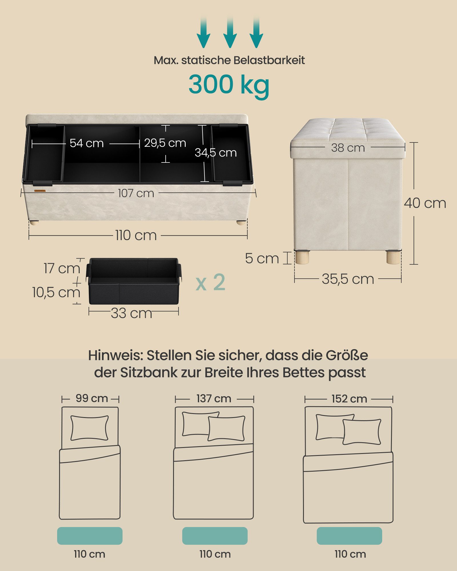 SONGMICS Sitzbank mit Stauraum, faltbar, 38 x 110 x 40 cm, Flur Wohnzimmer Schlafzimmer, mit Deckel, Fußhocker 112 L, bis 300 kg belastbar, cappuccinobeige