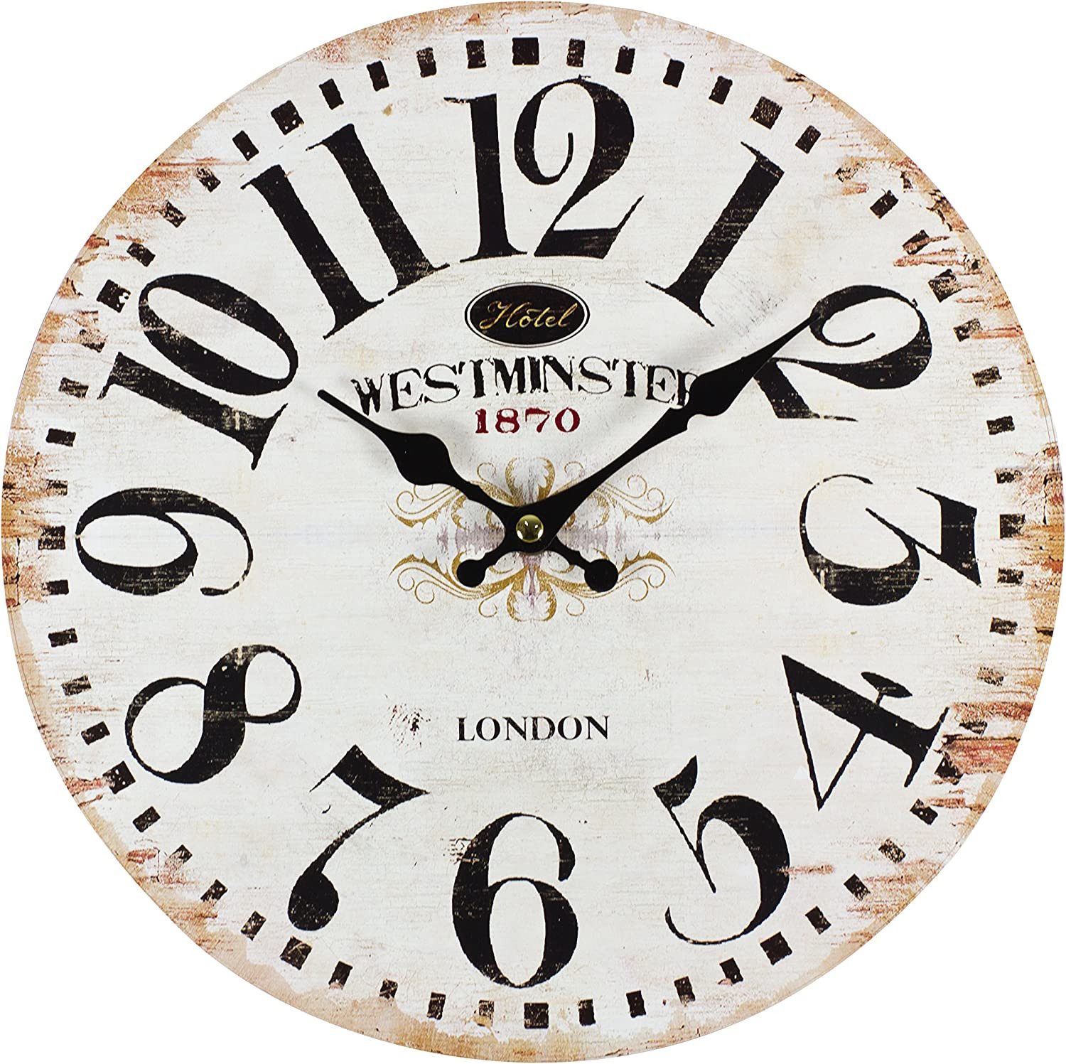 PERLA pd DESIGN Wanduhr Vintage Wanduhr 28 cm Analog MDF Retro Landhaus Wohnzimmer Quarz Rund (Vintage-Design aus MDF mit großem Retro-Zifferblatt und Quarzwerk)