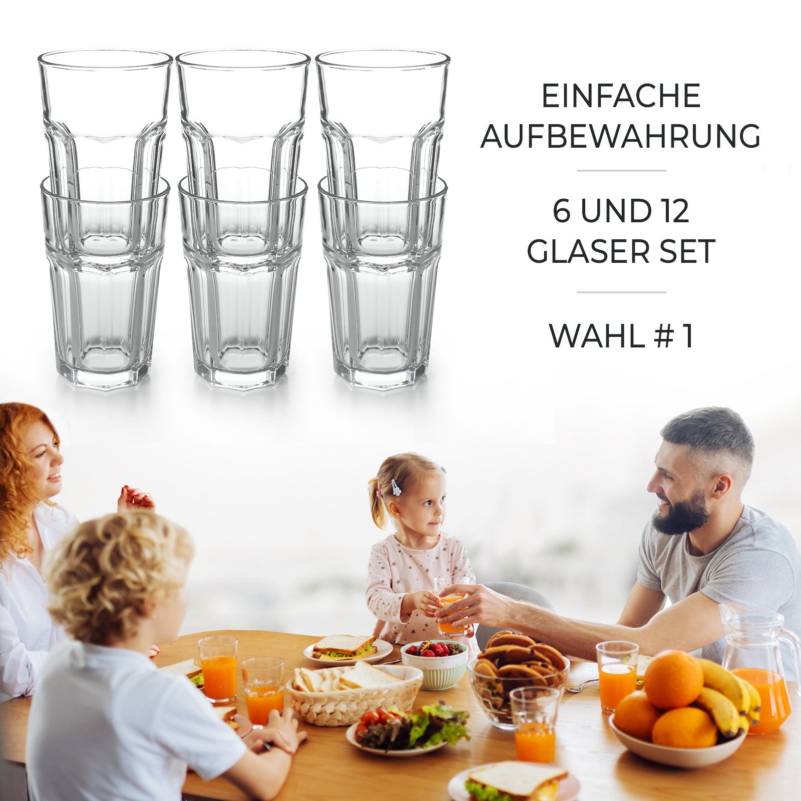 KONZEPT Gläser-Set Wassergläser Set 270/350/410 ml, Trinkgläser Set, Gläser Set Stapelbar, 6-tlg., 6-tlg, 270 ml, Perfekt für Saft, Cocktails, Latte Macchiato – Bild 4 von 5