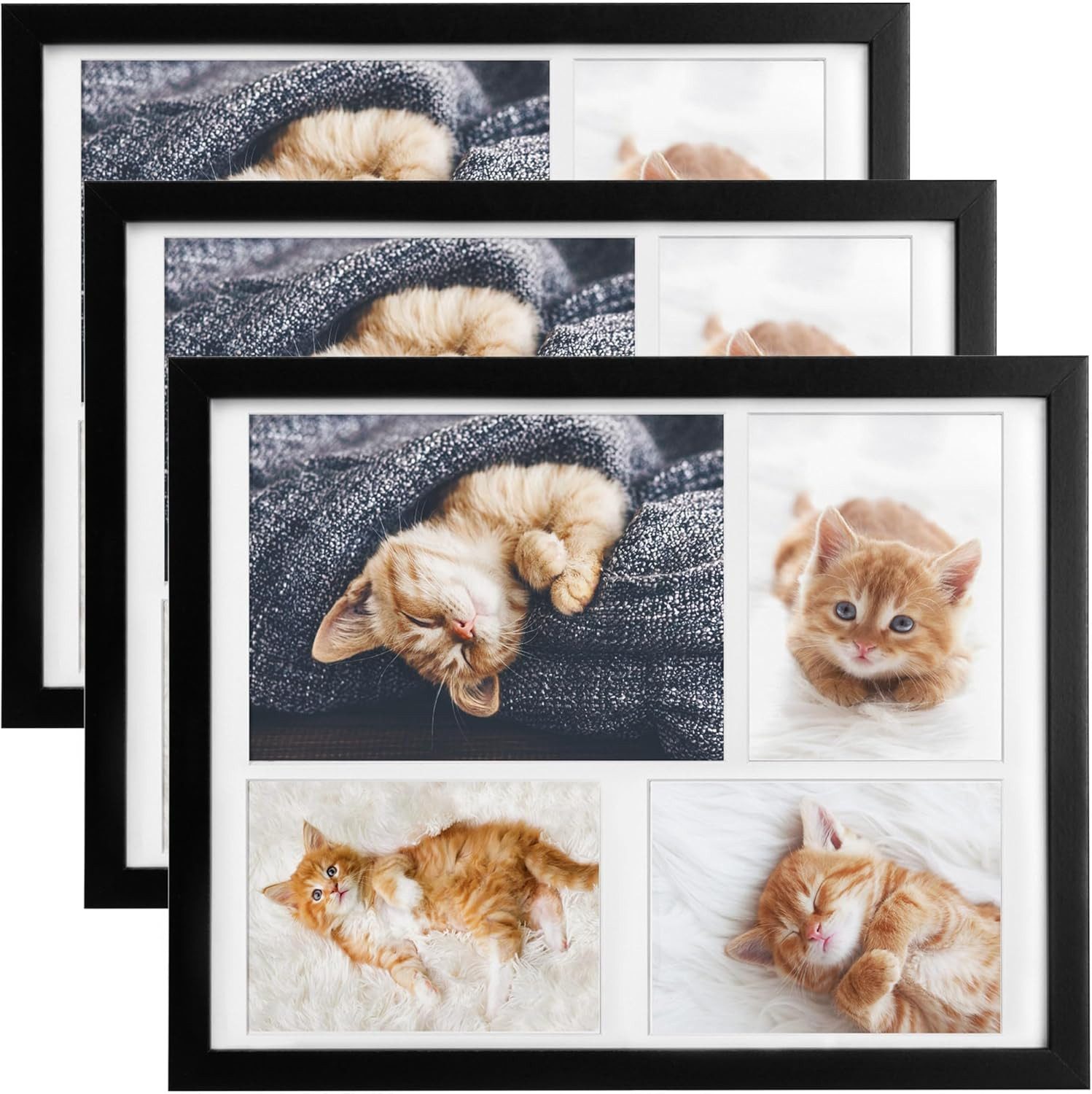 bomoe Bilderrahmen 3x Bilderrahmen 10x15 cm & 15x21 cm, für 4 Fotos, Schwarz, Kunststoffglas, Metall-Aufhängung & Passepartout Multirahmen Holz