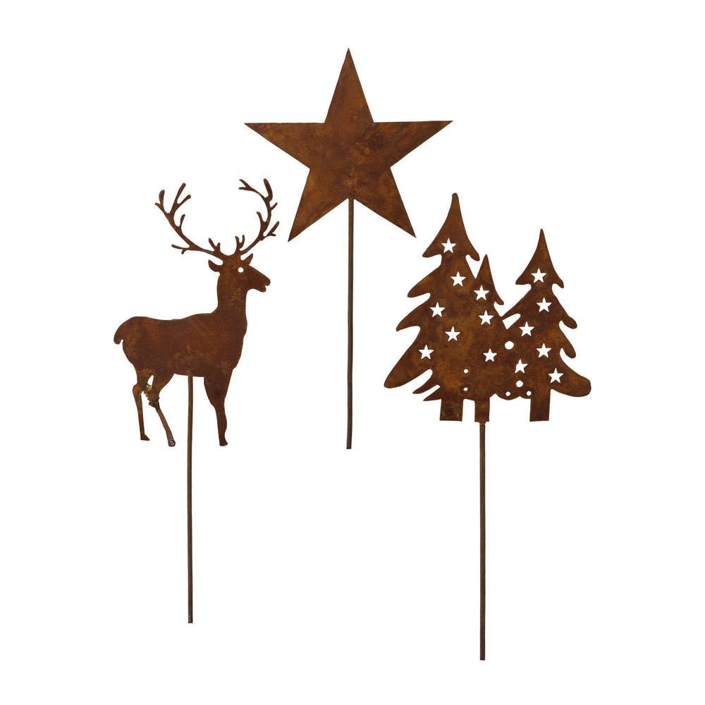 Weihnachts Deko-Stecker Set – 3 Motive (Stern, Hirsch, Tanne) In Rostoptik, Ca. 50cm Stab Für Garten