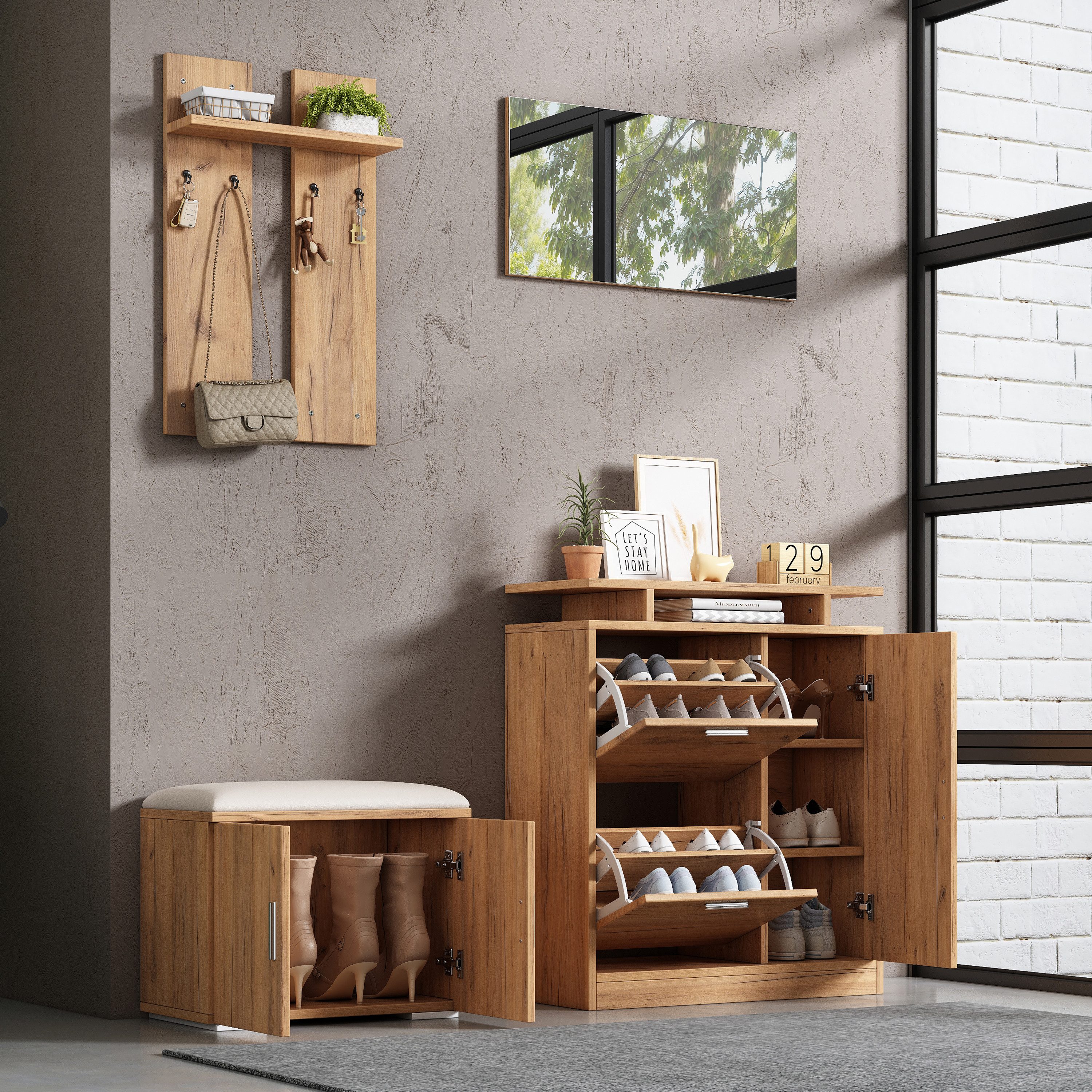 i@home Garderoben-Set Wandgarderobe, natural, B140× T35 × H133 cm, mit 5 Türen, 4 Haken, flexibler Schuhaufbewahrung & gepolsterter Bank