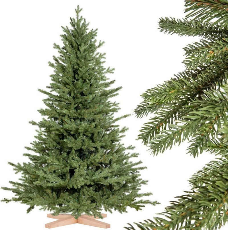 Fairytrees Künstlicher Weihnachtsbaum FT23, Bayerische Tanne, PREMIUM, Material Mix aus Spritzguss & PVC mit Echtholz Baumständer