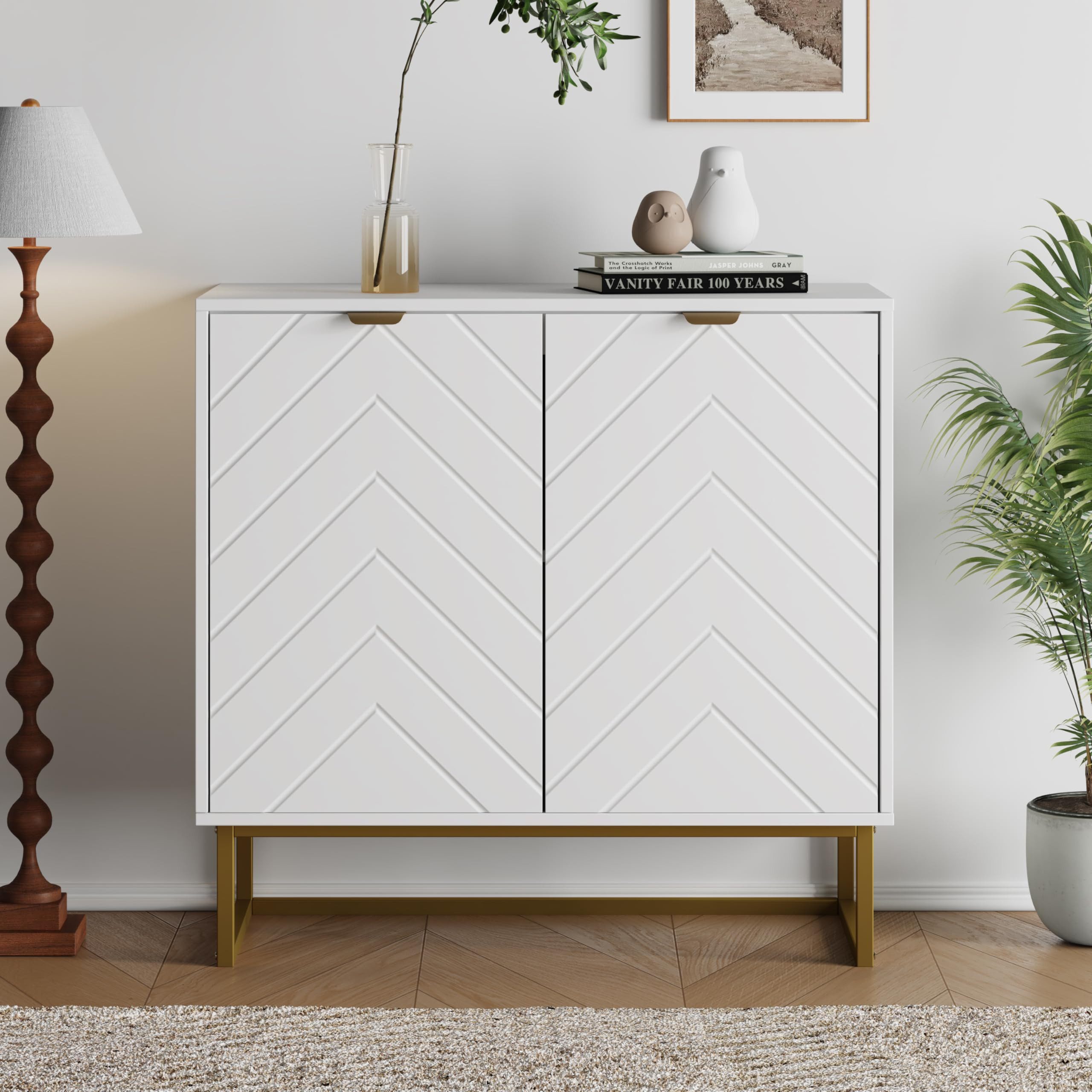 GarveeMore Sideboard (Türen und Ablage, Fischgrätmuster), 80 cm (T) x 40 cm (B) x 77,5 cm (H)
