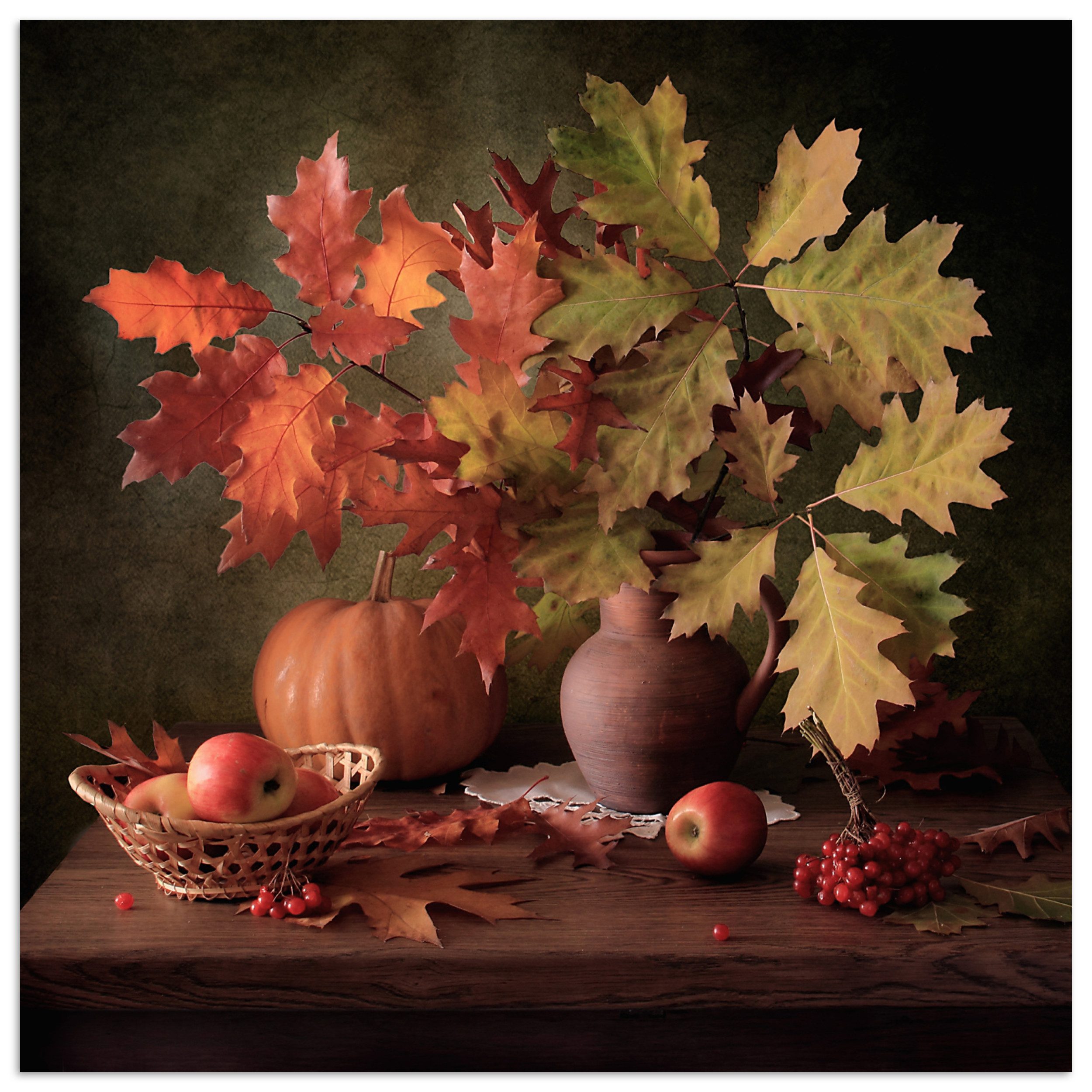 MuchoWow Poster Stilleben - Kürbis - Blätter - Apfel - Kirsche - Herbst, (1 St), Poster ohne Rahmen, Wandbild, Wandposter, 50x50 cm