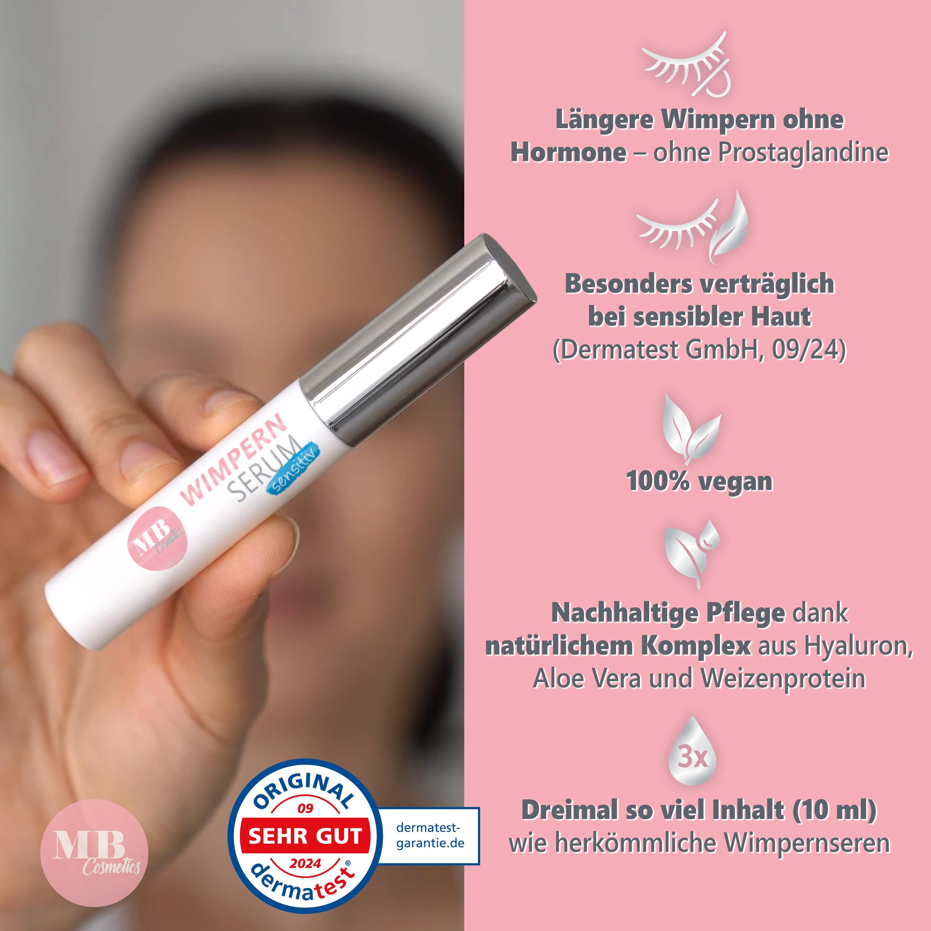 Medical Beauty Cosmetics Wimpernserum Sensitiv Vegan 10 ml - Lash Serum mit Hyaluron, Kollagen und Peptiden, klinisch & dermatologisch getestet, empfindliche Haut