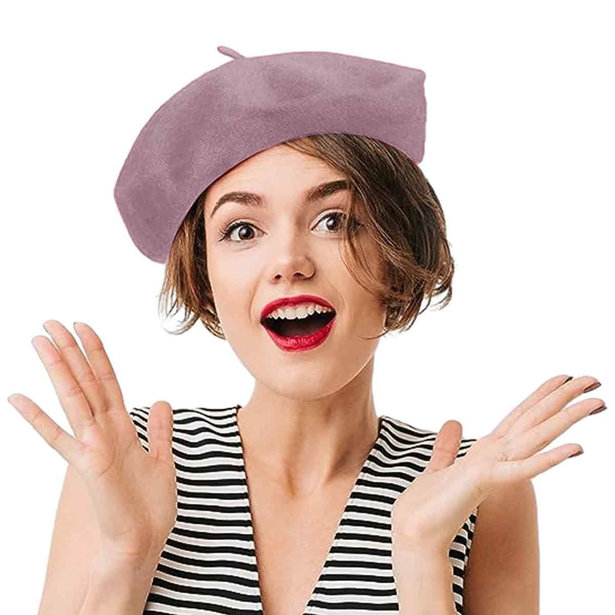 Einemgeld Baskenmütze Damen Barett Wolle Baskenmütze Britischer Stil Vintage Barette Mütze Fuchsia Rosa