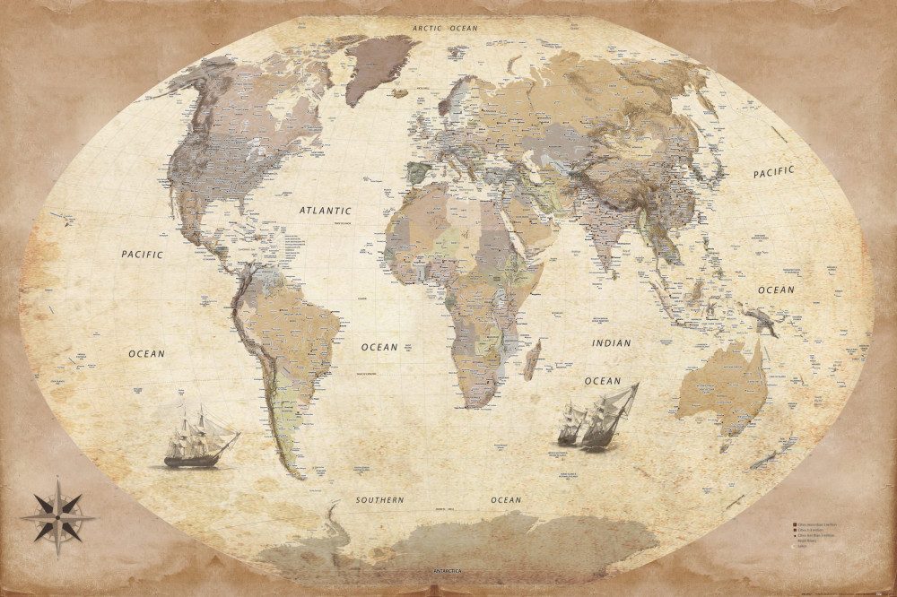 1art1 Poster Karten Kunstdruck Bild - Weltkarte, Old Style, In Englisch