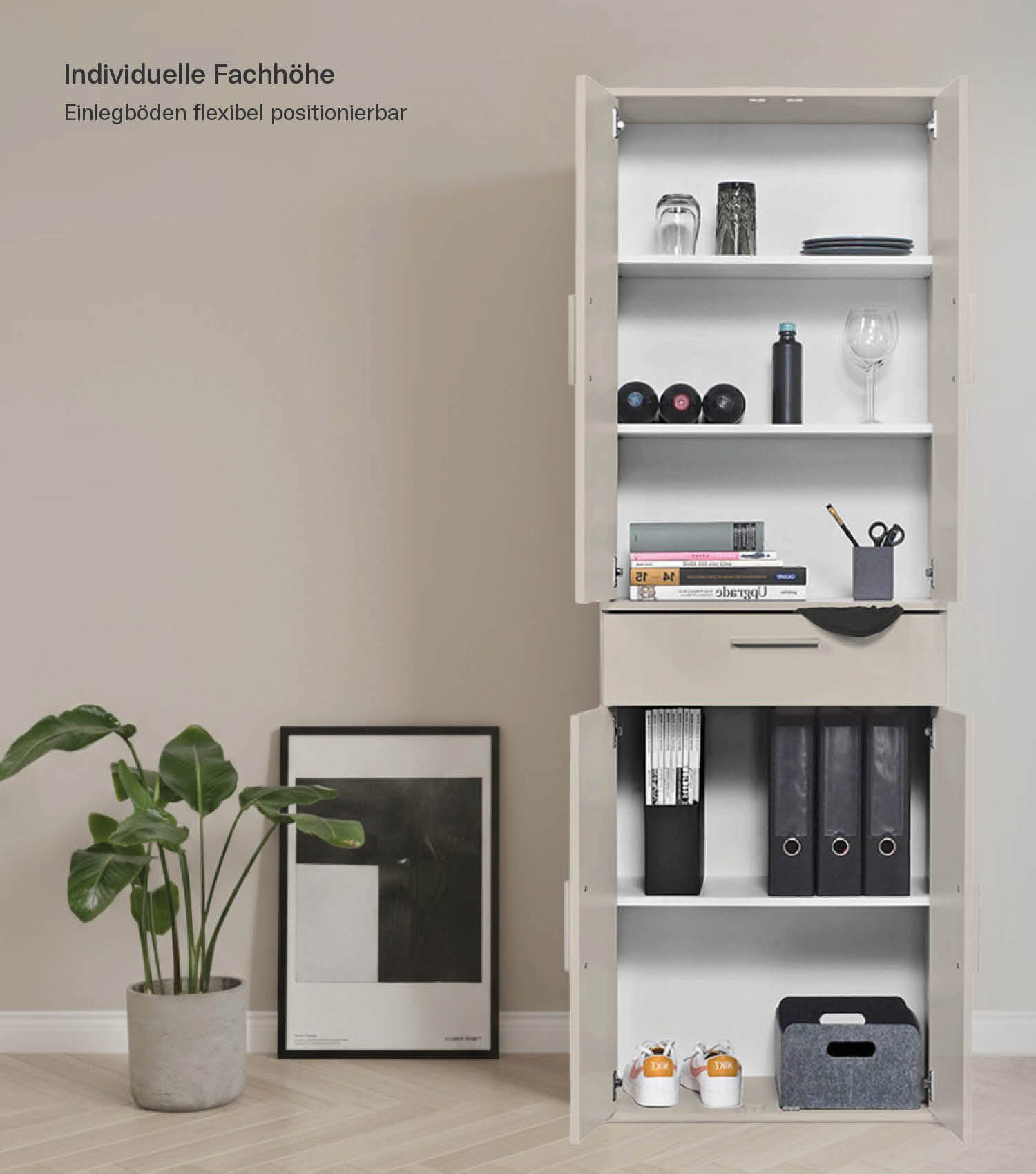 mokebo Mehrzweckschrank Der Praktische (60x180 cm, mit Schublade) Büroschrank, Flurschrank Apothekerschrank, Aktenschrank in Beige Grau