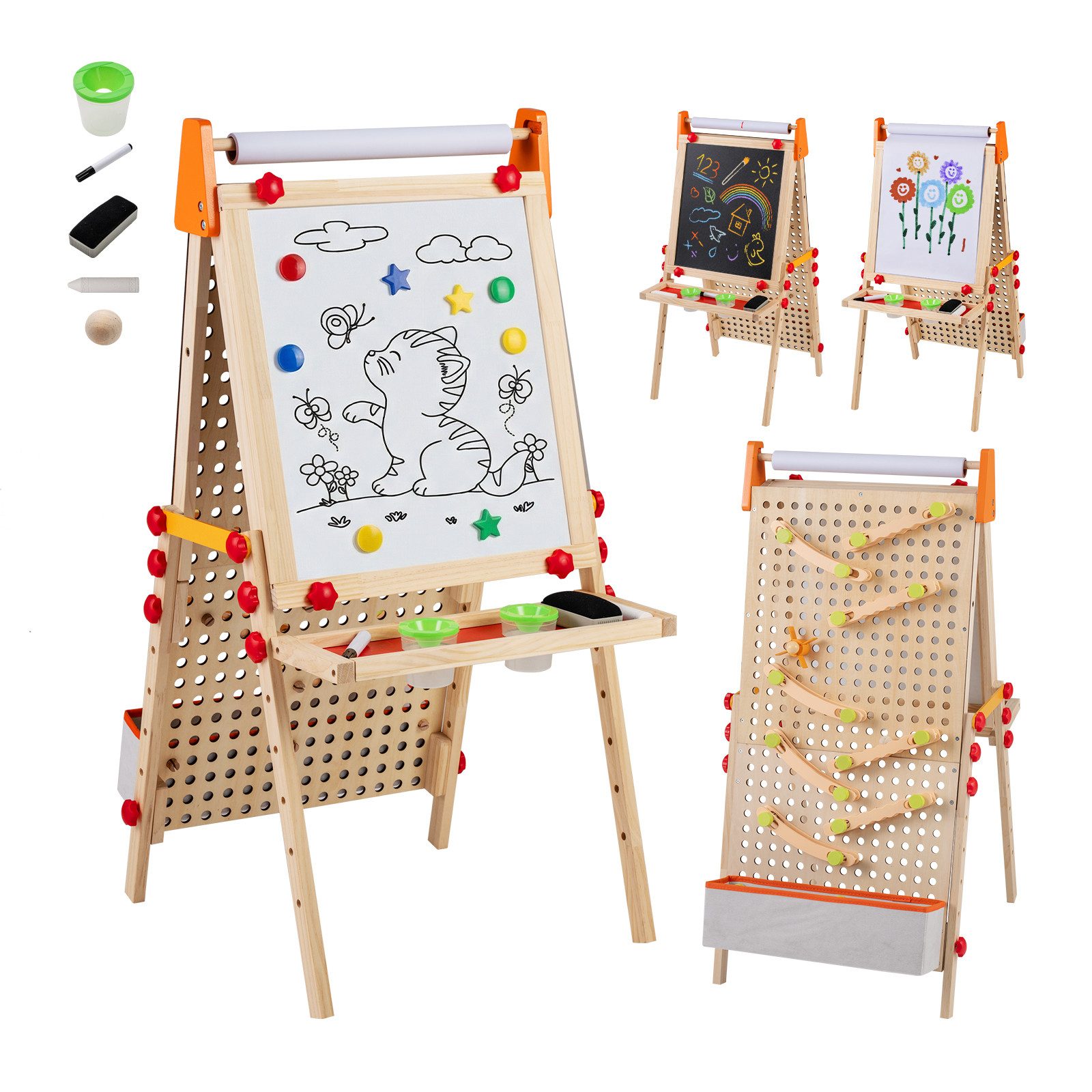 COSTWAY Standtafel, Staffelei 3 in 1, doppelseitige Kidnertafel aus Holz