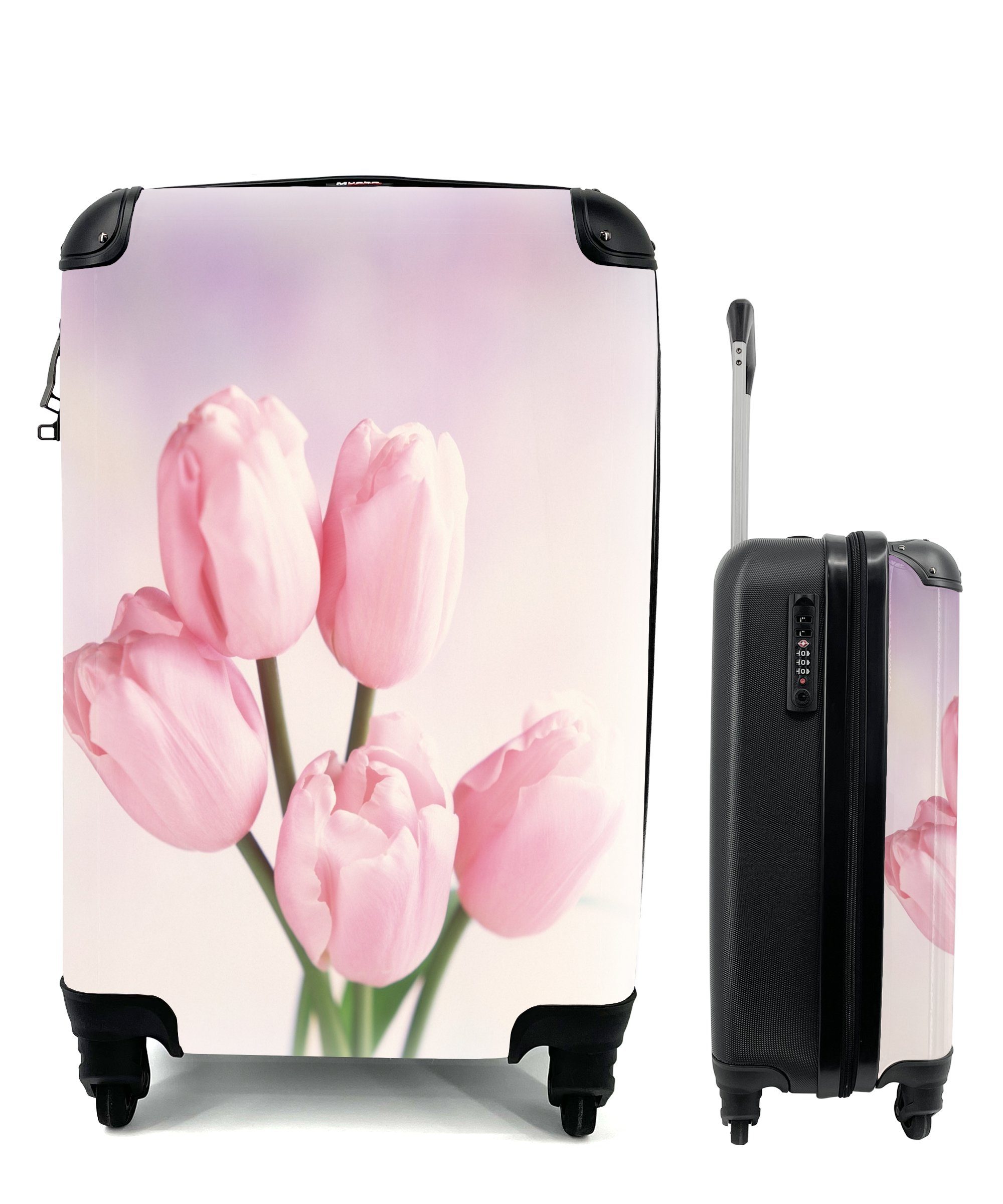 MuchoWow Handgepäckkoffer Nahaufnahme von rosa Tulpen, 4 Rollen, Reisetasche mit rollen, Handgepäck für Ferien, Trolley, Reisekoffer