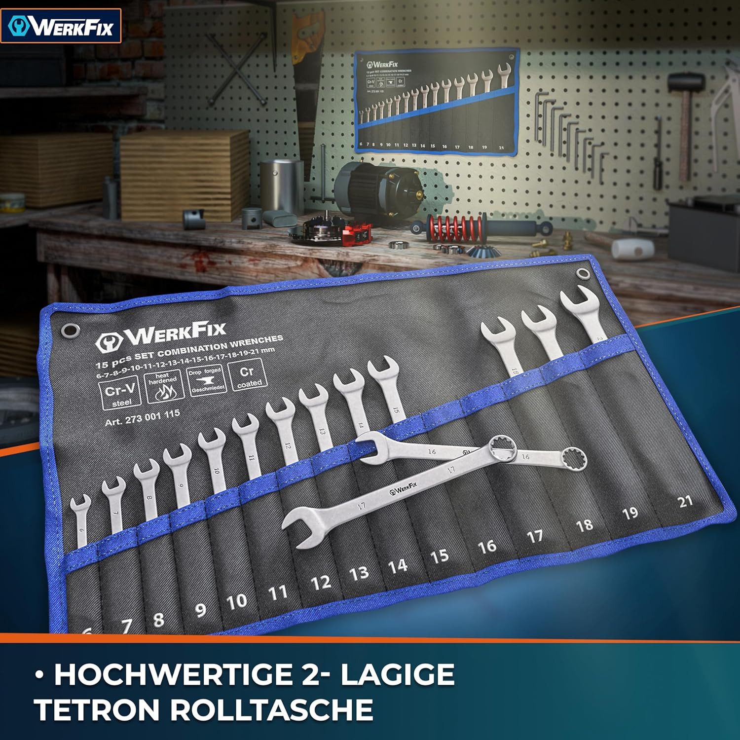 TAVIALO Gabel- und Ringschlüssel WERKFIX Ring-Maulschlüsselsatz 15-tlg. 6-21mm CrV-Stahl, mattiert (15 Maulschlüssel 6-21 mm), in stabiler Roll-Tasche für KFZ & Montage