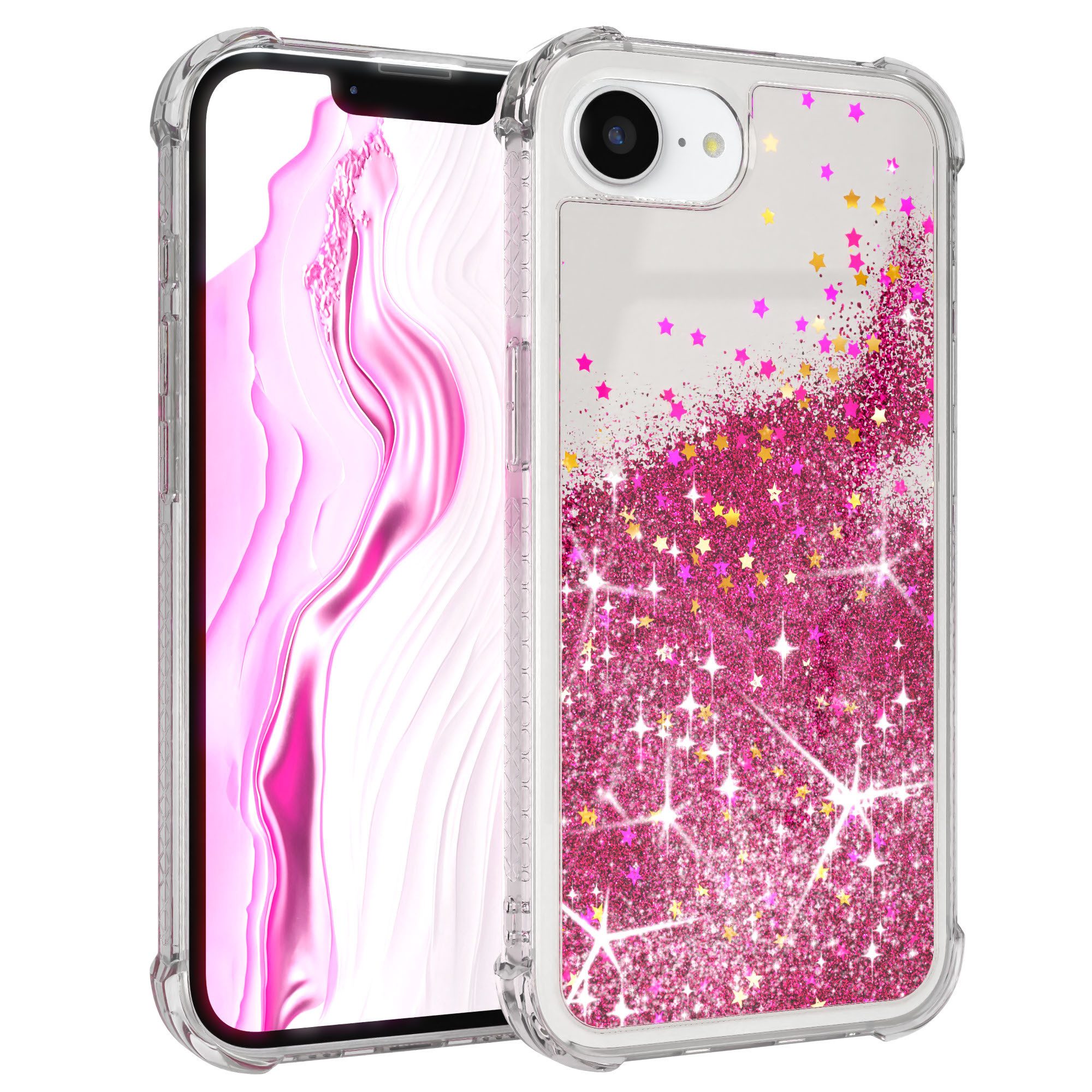 EAZY CASE Handyhülle Liquid Glittery Case für Apple iPhone 16e 6,1 Zoll, Glitzerhülle Shiny Slimcover stoßfest Durchsichtig Bumper Case Pink