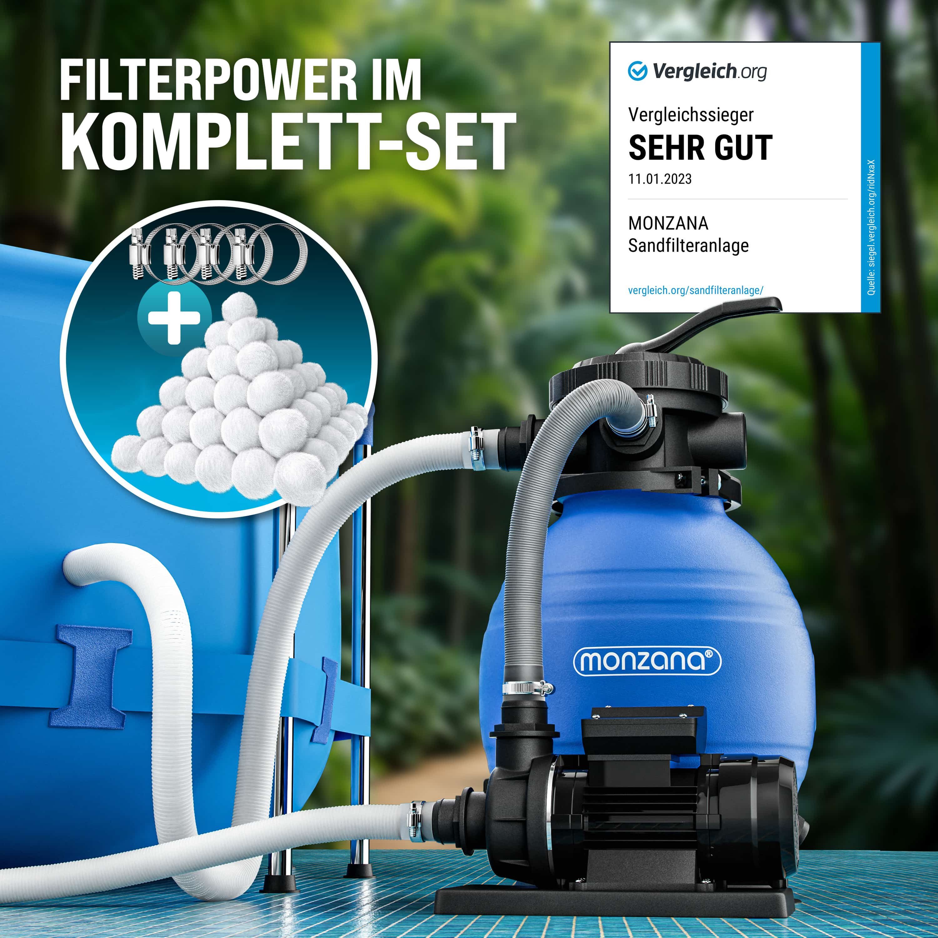 monzana Sandfilteranlage, SF102K 10.200L/h bis 35.000L Pool inkl Filterbällen Pumpe Filterkessel