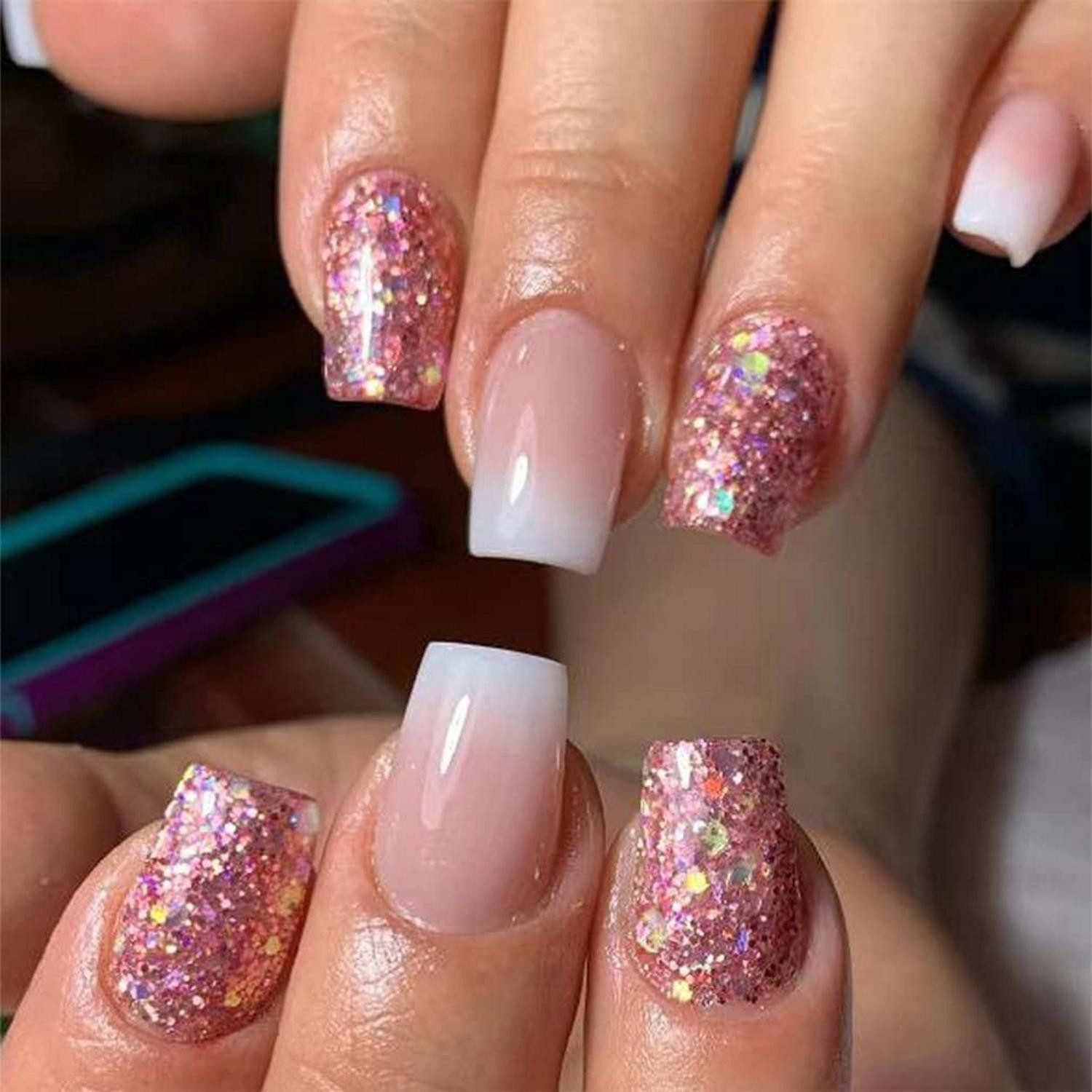 LuxusKollektion Kunstfingernägel Künstliche Nägel Viereckig Kurz Pastell Glitzer 24Stück Stil1