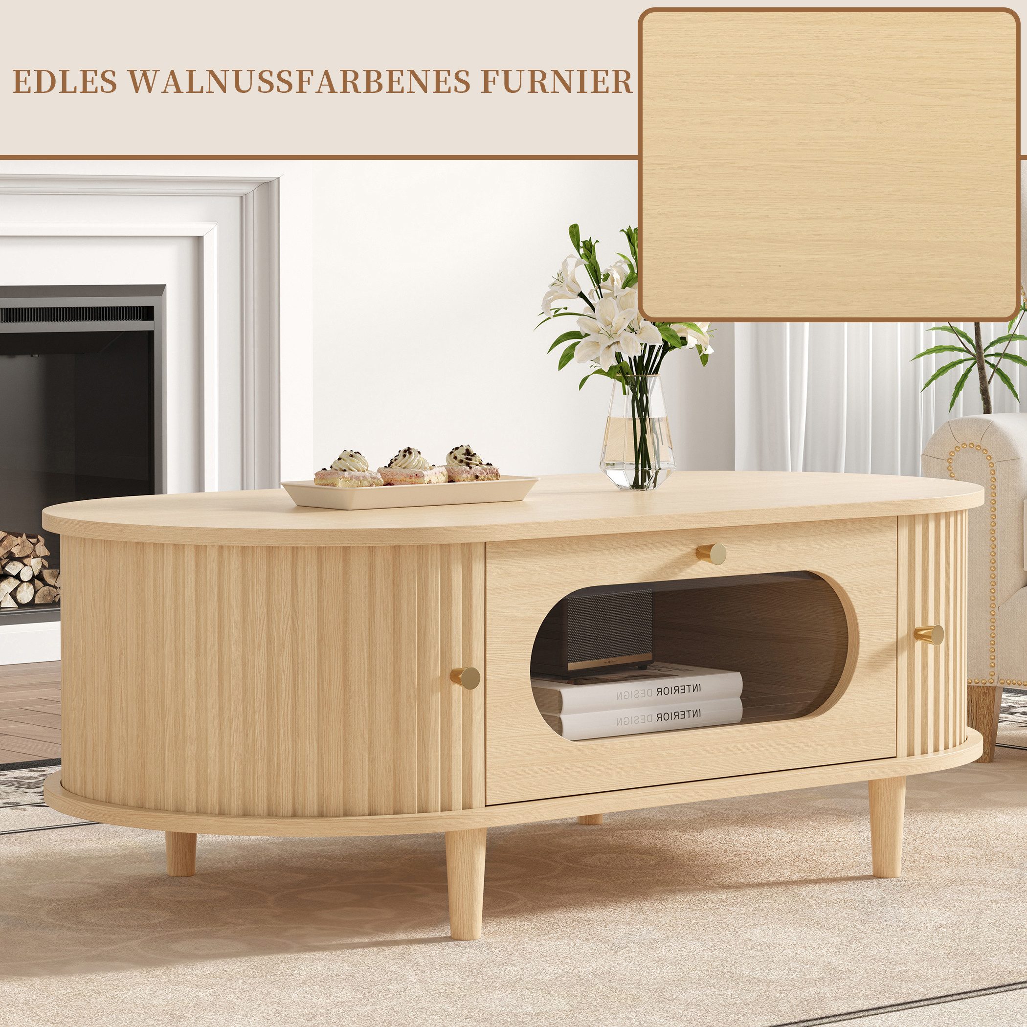 SeedWave Couchtisch Ovaler Sofatisch 100cm mit Holzoptik, Schiebetüren & Schublade, seitliche Fächer, das Schubfach mit Glasfront