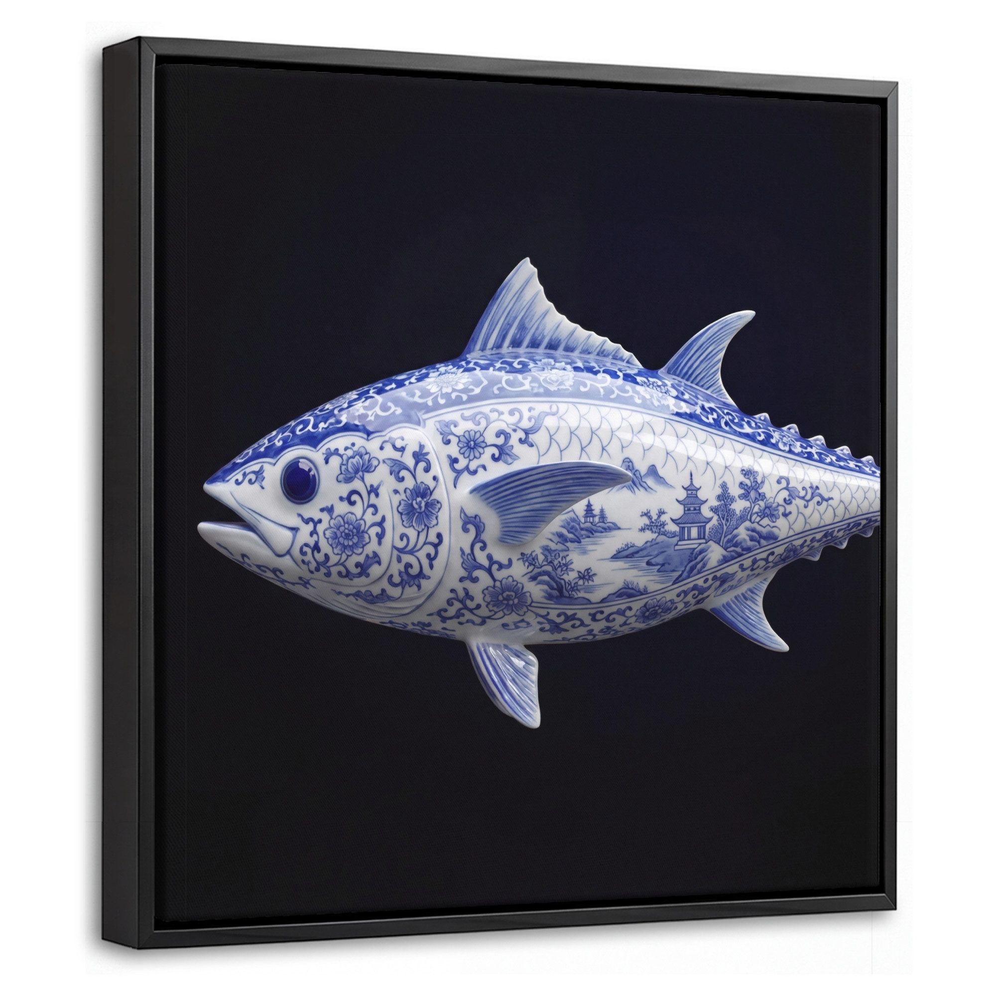 OneMillionCanvasses® Leinwandbild mit Rahmen - Porzellan - Thunfisch - Delfter Keramik, Fotodruck (1 St), Leinwand Bilder Klein, Wand Dekoration Aesthetic 20x20cm