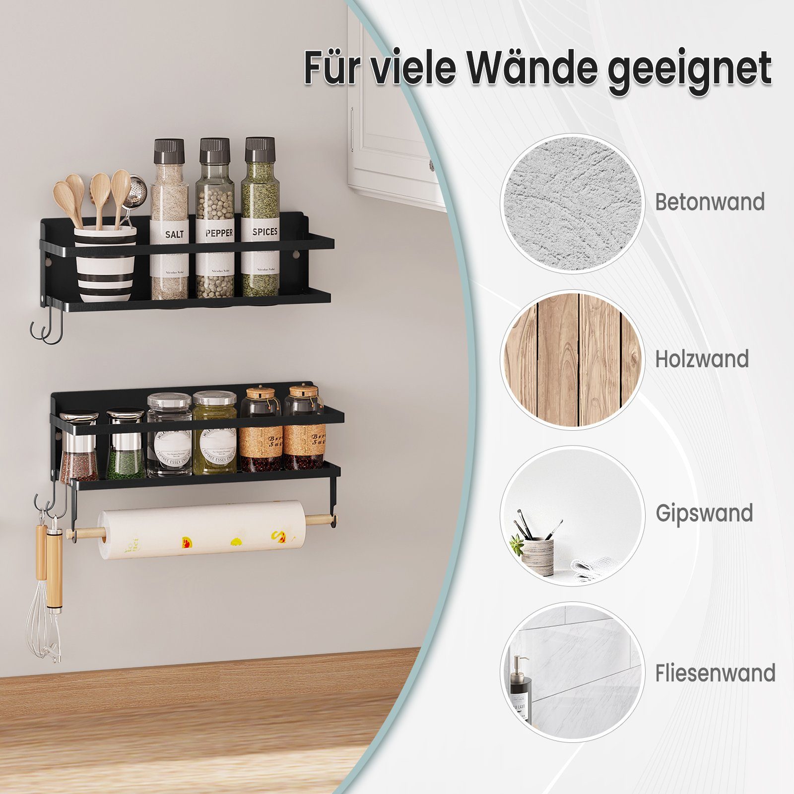 Woltu Gewürzregal, Wandregal Küche mit Küchenrollenhalter 4 Haken, 30 cm breit, Kräuterregal