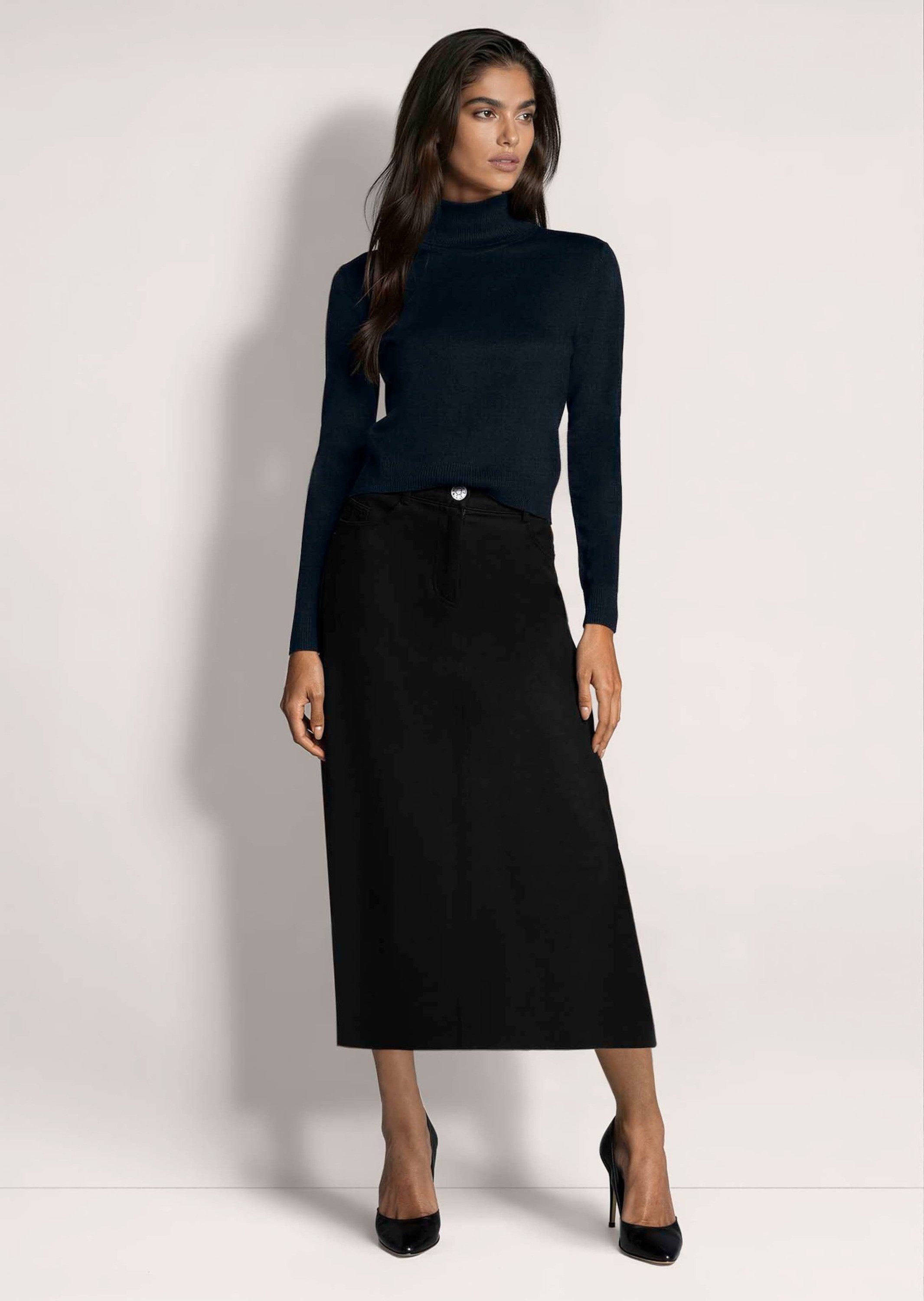 MADELEINE Gerade Jeans Midirock mit Formbund 5-Pocket-Stil mit Gehschlitz, Gürtelschlaufen, Taschen und Wadenlänge