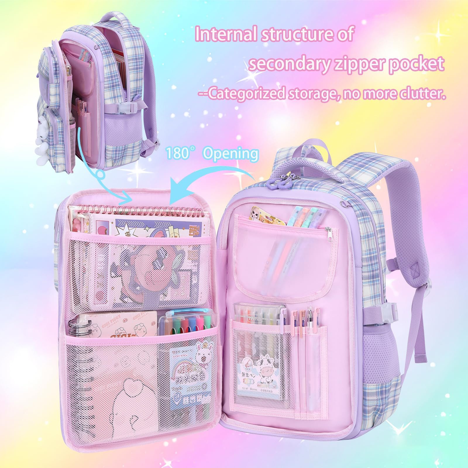 MOPUEA Schulrucksack Schulrucksack Set 3-tlg Wasserabweisend Ergonomisch mit Viele Fächer (Schulrucksack Set mit Lunchtasche und Federmäppchen, Rucksack Lunchta – Bild 3 von 5