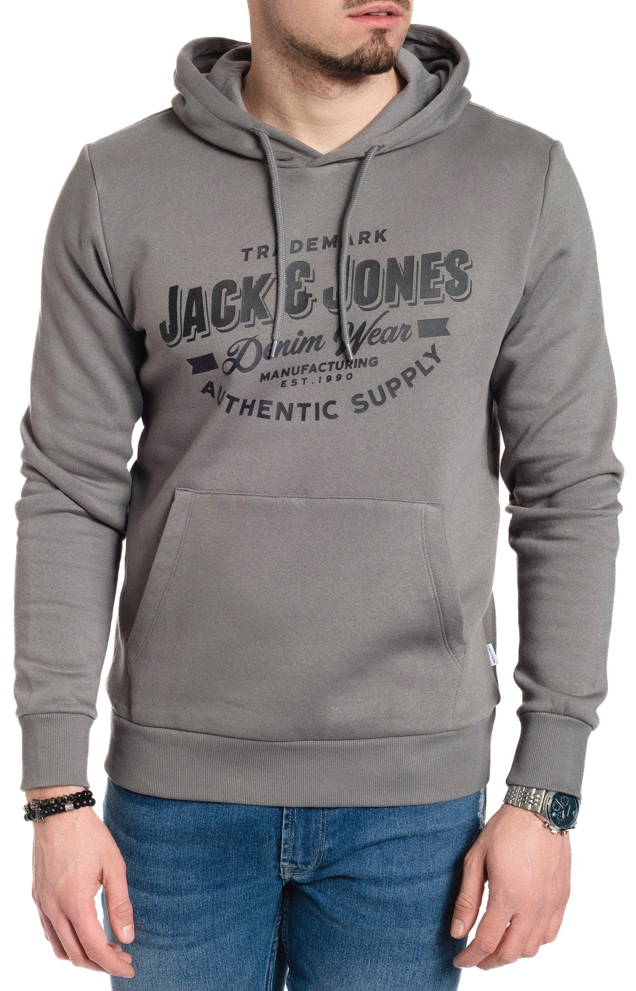 Jack & Jones Kapuzensweatshirt mit Kängurutasche, unifarben, mit Logodruck, mit Kapuze Sedona-Black-JJ