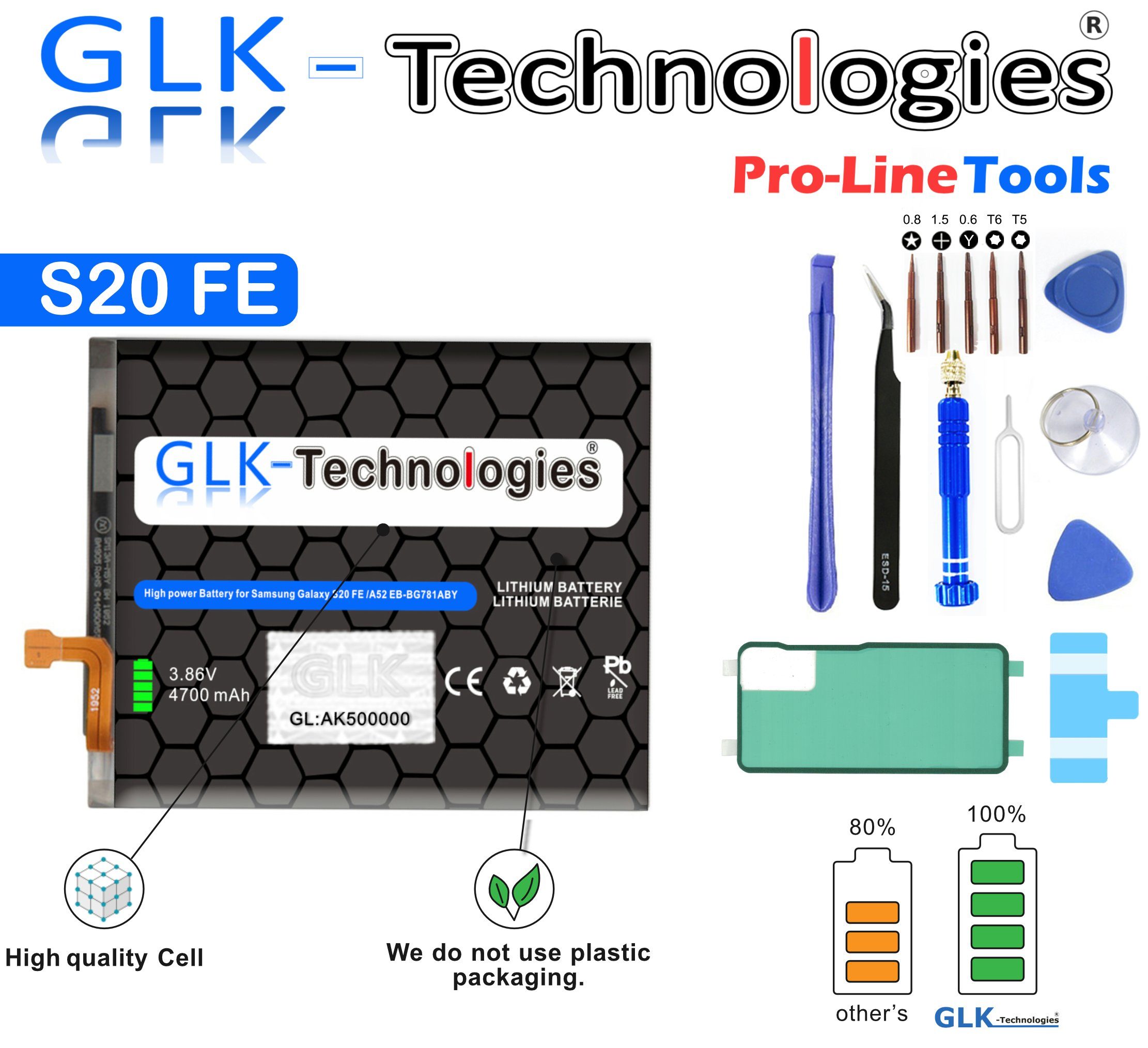 GLK-Technologies High Power Ersatzakku kompatibel mit Samsung Galaxy S20 FE (G780F) Galaxy S20 FE 5G (G781B), GLK-Technologies Battery, accu, 4700mAh Akku, inkl. Profi Werkzeug Set Kit NUE Handy-Akku