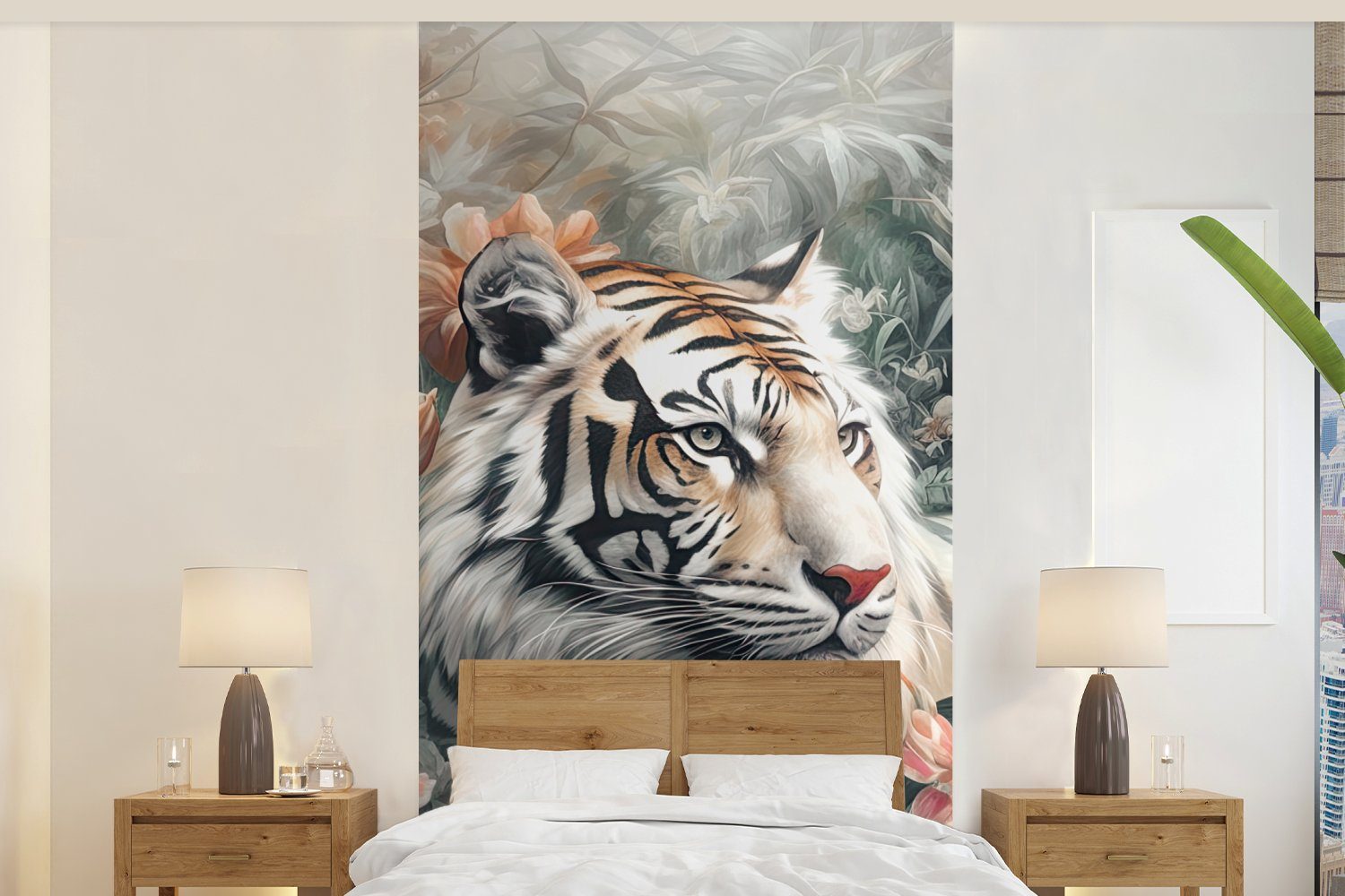 MuchoWow Fototapete Tiger - Wildtiere - Fototapete Matt, für Schlafzimmer Blumen Dschungel, Vliestapete (2 St), - Küche, bedruckt, Wohnzimmer